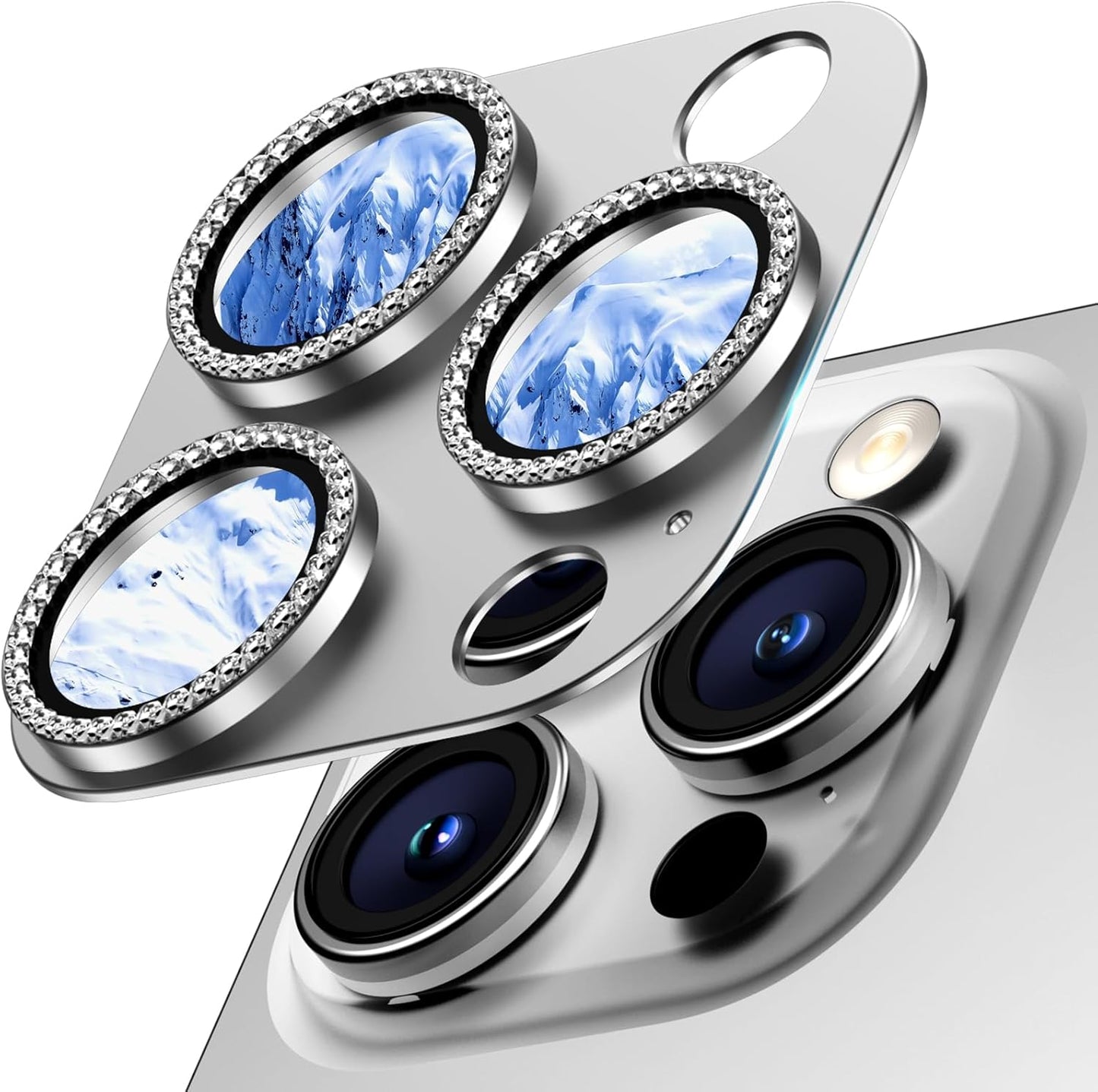Camera Lens Protector for iPhone 16 Pro Max/16 Pro/15 Pro Max/15 Pro/14 Pro Max/14 Pro, Aluminum Alloy Sapphire Glass Camera Screen Cover, Case Friendly-Silver Diamond