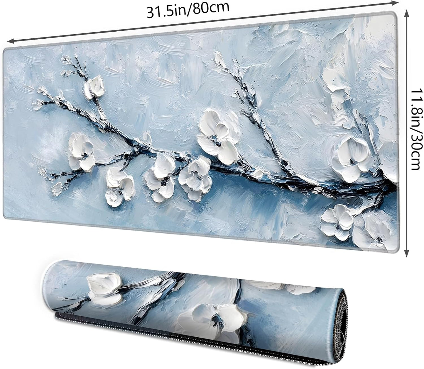 Galdas Gaming Mouse Pad XXL XL Large Long Extended Big Mousepad Non-Slip Rubber Keyboard Mouse Pad with Stitched Edges for Laptop Home Office (31.5x11.8x0.08 Inch) -Snow Floral