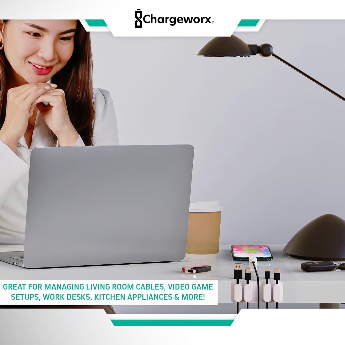 Magnetic Cable Clips [5-Pack] – Chargeworx Cord Organizer for Desk, Nightstand, Car, Wall – Strong Adhesive Wire Holder for USB-C, Lightning, Micro-USB – Tangle-Free, Snap-On, Easy Cable Management