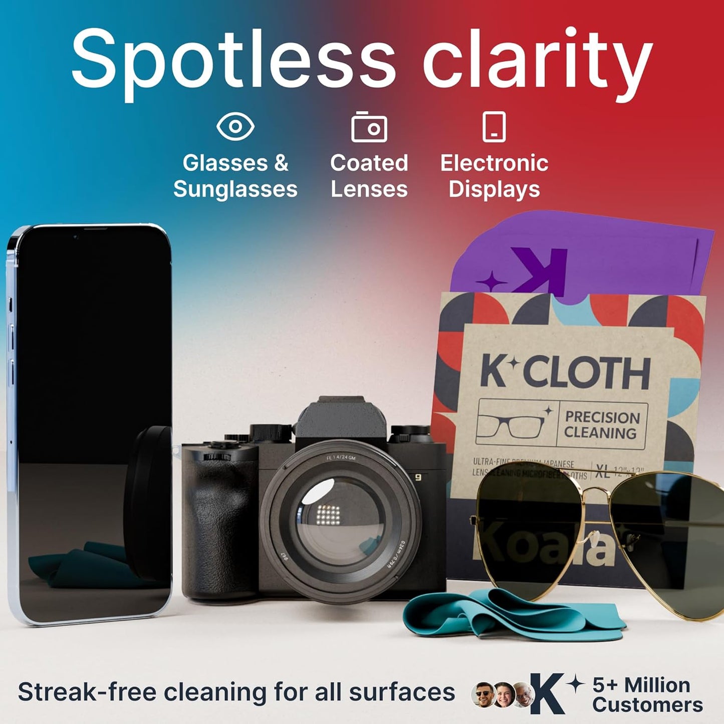 Koala Lens Cleaning Cloth | Japanese Microfiber | Glasses Cleaning Cloths | Eyeglass Lens Cleaner | Eyeglasses, Camera, VR/AR Headset, and Screen Cleaner | Blue & Purple (Pack of 3)