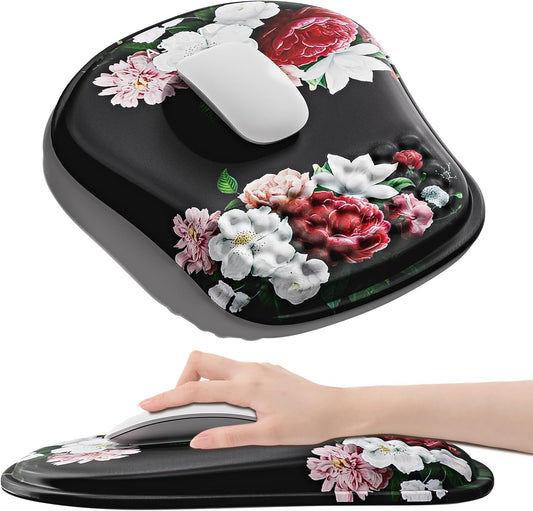 Mouse Pad with Wrist Rest, Ergonomic Mousepads with Wrist Support, Soft Lycra Fabric Memory Foam Office Desk Accessories for Comfort/Pain Relief/PC Gaming/Computer/Laptop (Black Peony)