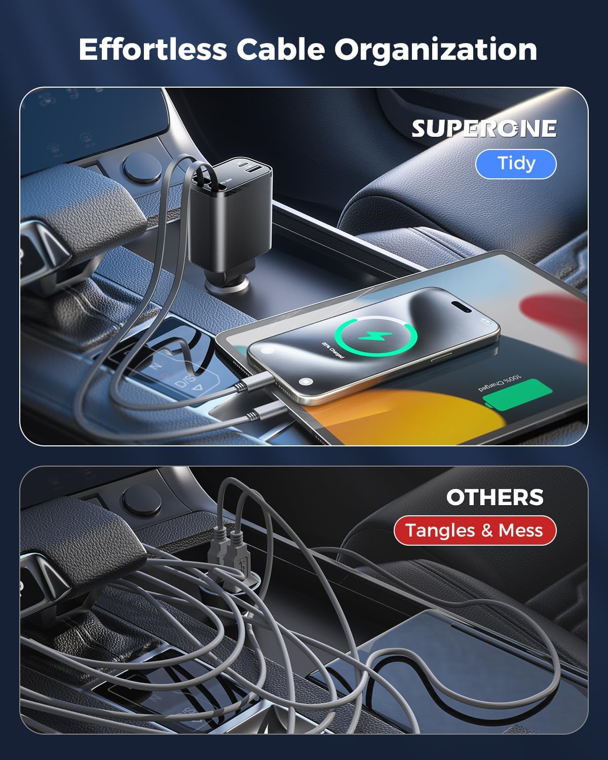 [2025 Upgraded] Retractable Car Charger, SUPERONE 69W Car Phone Charger with Cables Fast Charging, USB C Car Charger Adapter for iPhone 16 15 14 13 12, Samsung, Black