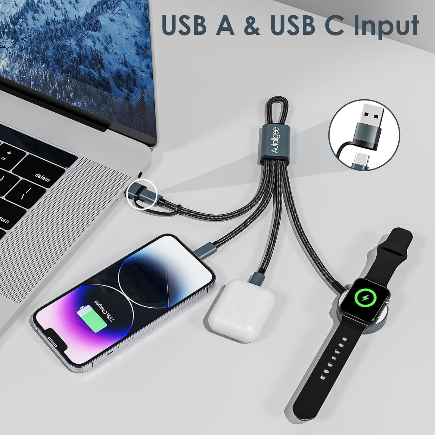2Pack Short 8inch 3 in 2 Multi Charging Cable for Apple Watch Charger USB C iWatch Charger Fast Charging Cable Compatible with iWatch Ultra/SE/10/9/8/7/6/5/4/3/2/1 iPhone 16/15/14/13/Galaxy S23