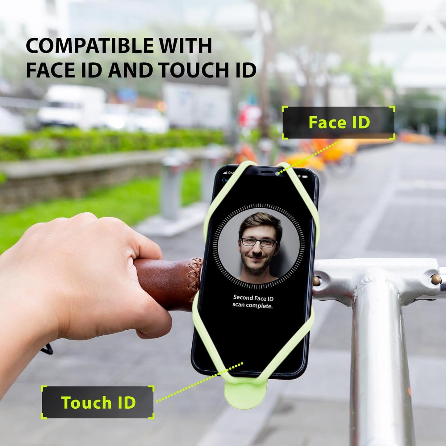 BONE Bike Tie 4, Bike Cell Phone Mount for Handlebar, Scratch-Free Silicone Holder with Anti-Slip Design, Universal Cycling Phone Holder Compatible with Most Smartphones (Luminous - Handlebar)