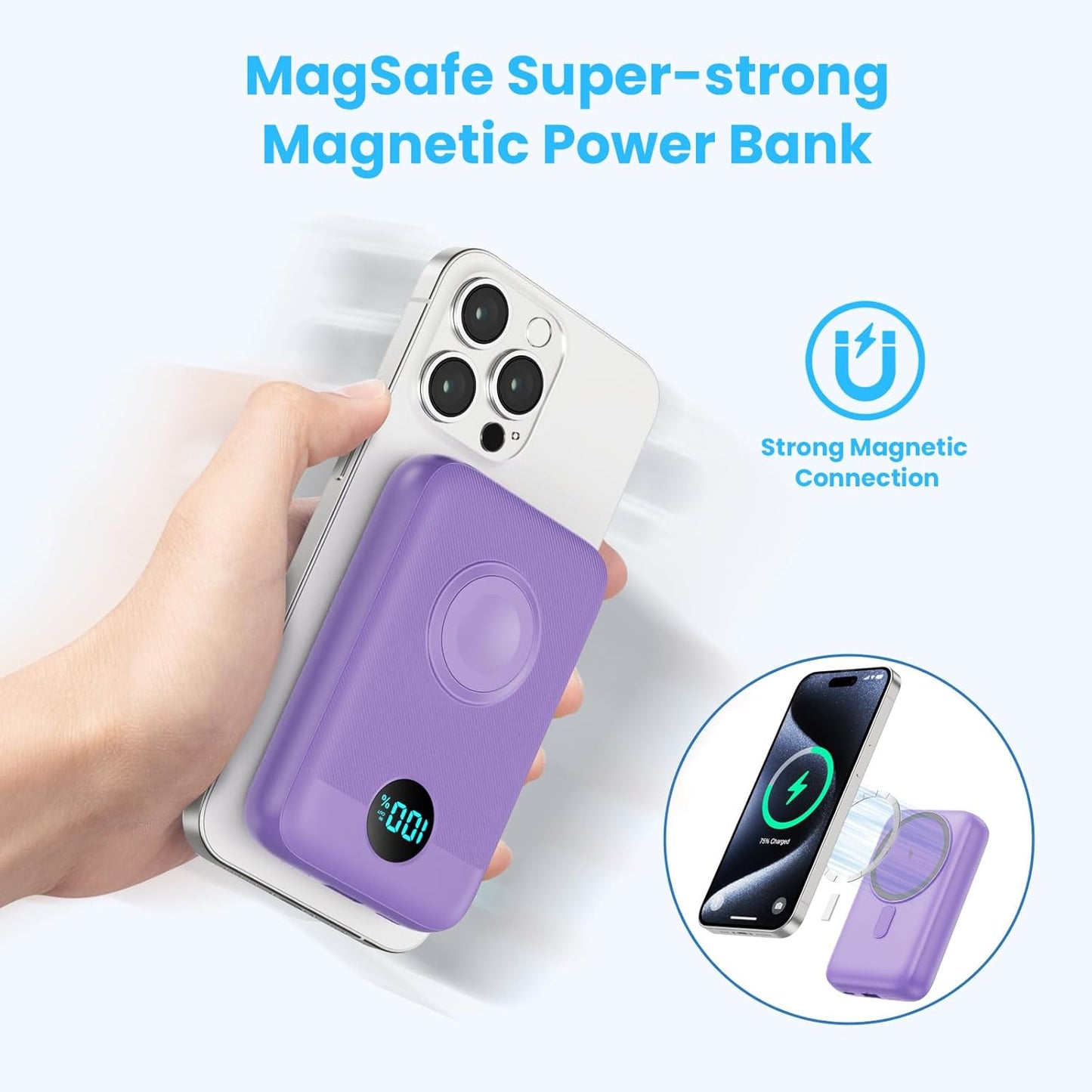 Magnetic Portable Charger 10800mAh,4-in-1 Wireless Power Bank with iWatch Charger, QC4.0+20W PD Fast Charging USB C Battery Pack with LCD Display for Magsafe,iPhone 16/15/14/13/12,Apple Watch, Purple