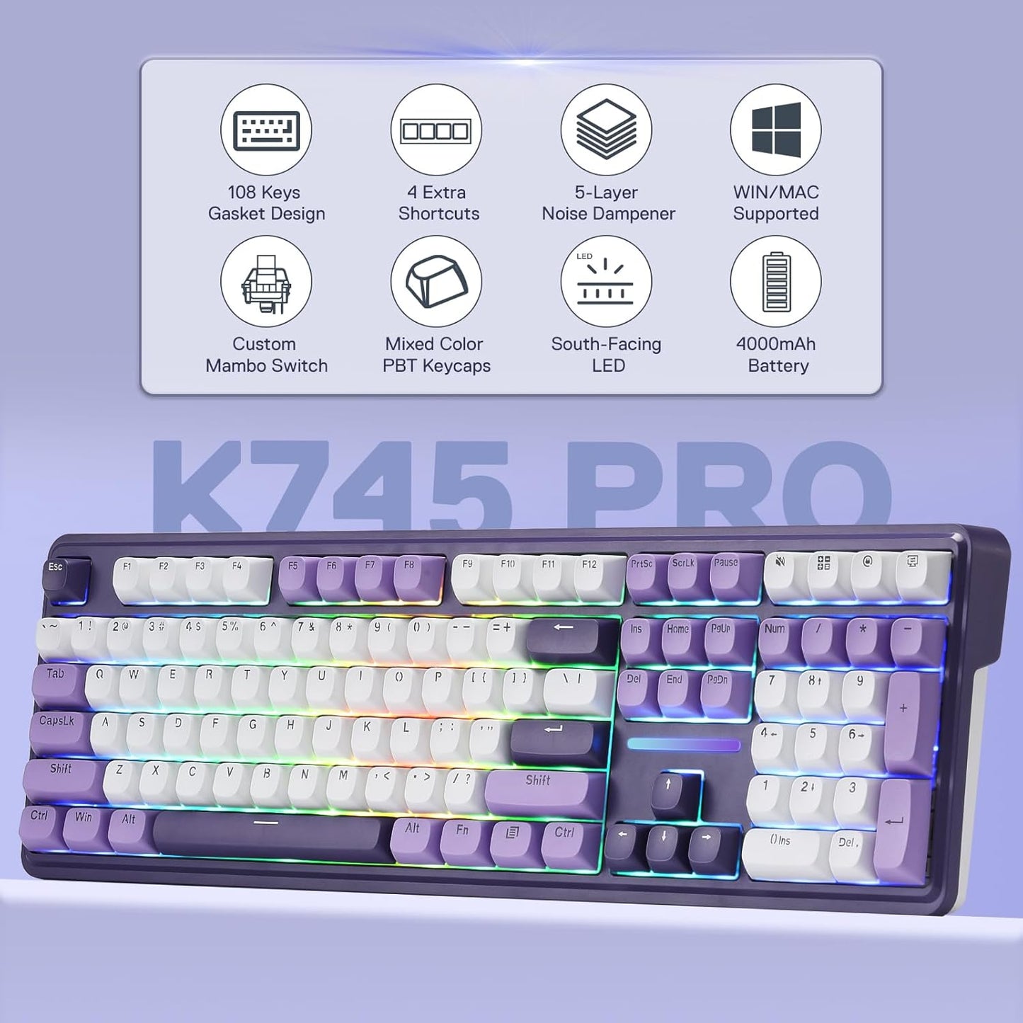 Redragon K745 PRO Wireless Gasket RGB Gaming Keyboard, 108 Keys Mechanical Keyboard w/Extra 4 Hotkeys, Hot-Swap South-Facing LED Socket, 5-Layer Noise Dampening, Round PBT Keycaps, Mint Mambo Switch