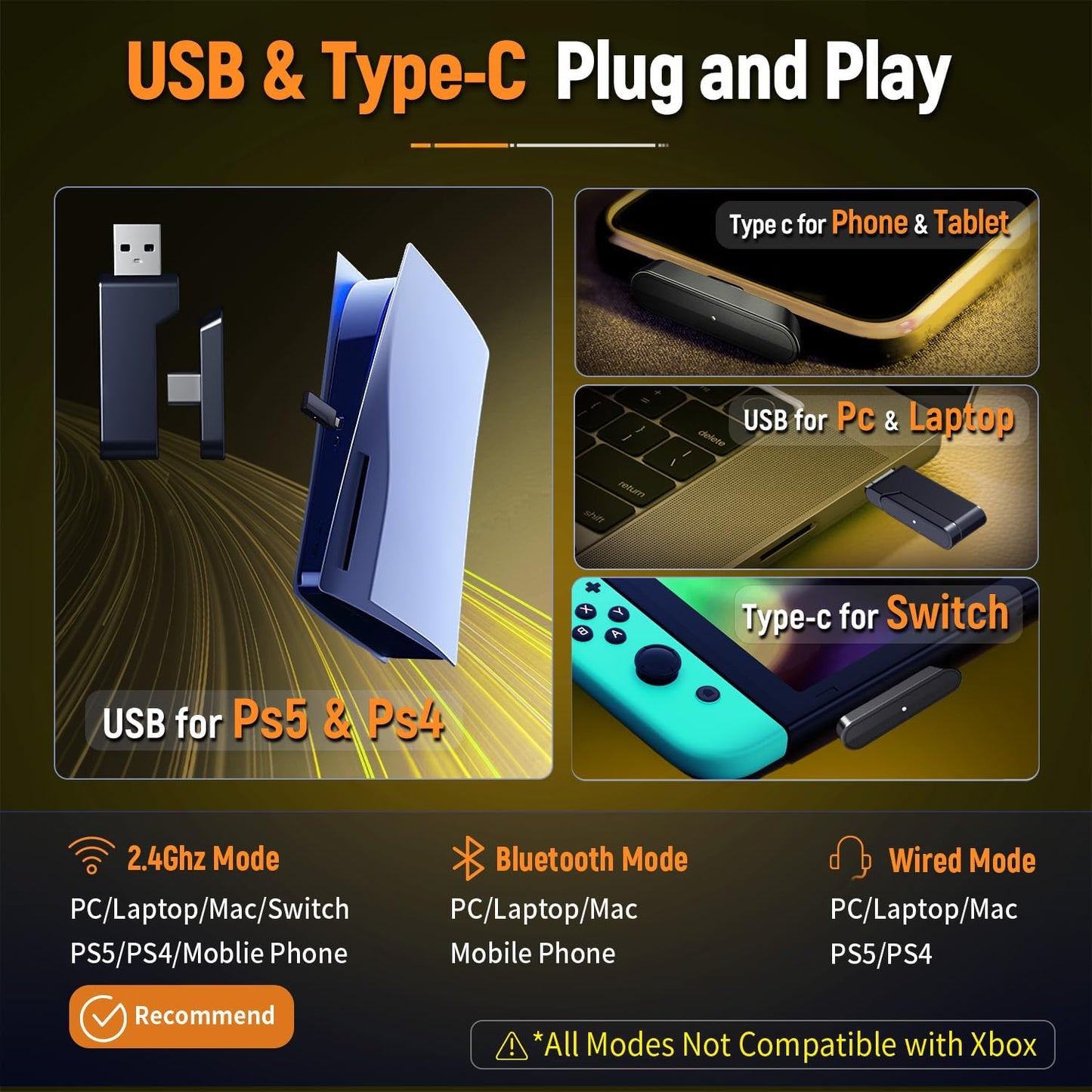 Wireless Gaming Headsets for PC, Ps5, Ps4 - Lossless Audio USB-A & USB-C Gaming Headphones with Flip Mic, 30-Hr Battery Bluetooth Headset for Switch, Laptop, Mobile, Mac