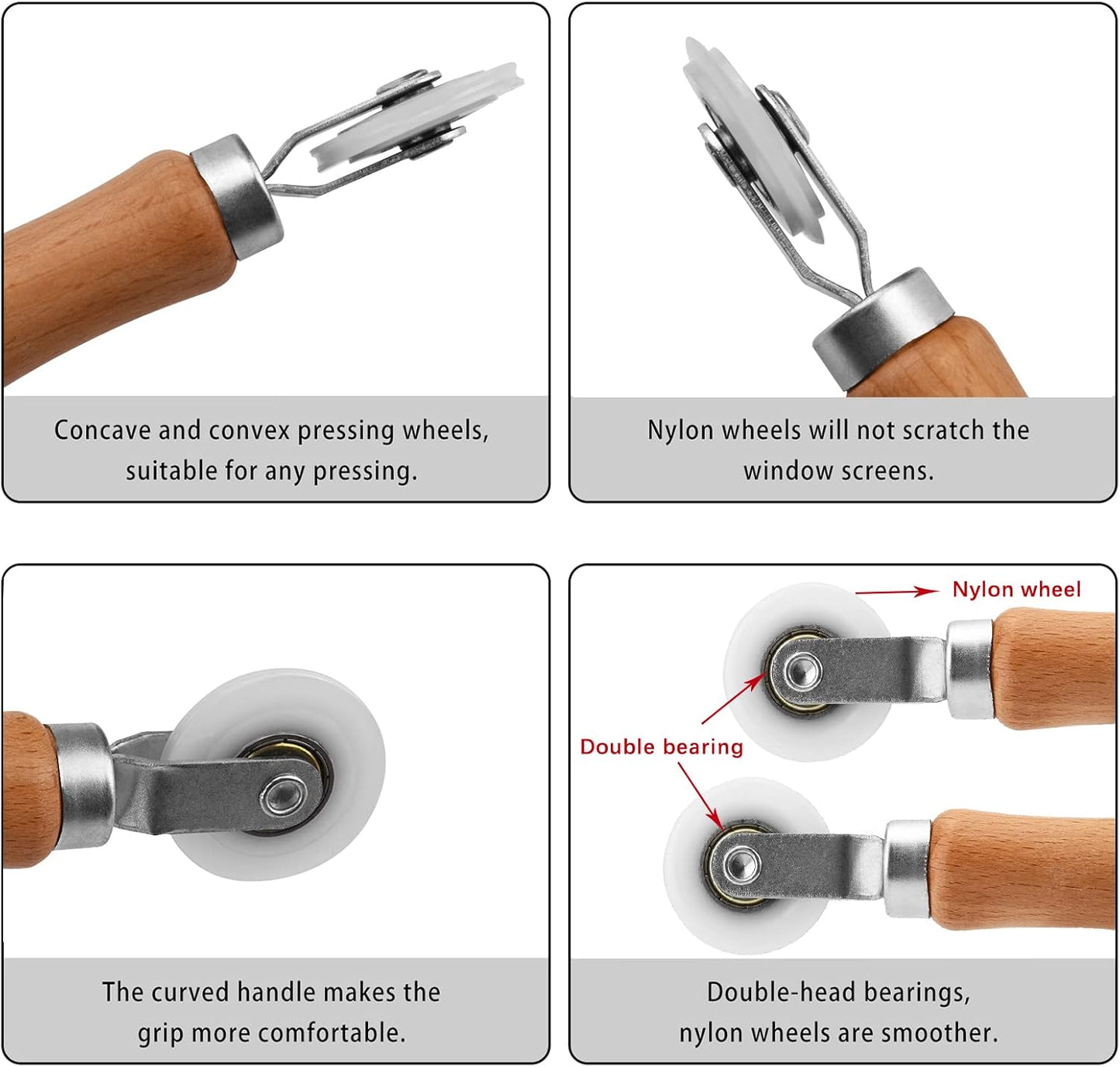 BAYTORY 3Pcs Screen Tool, Window Screen Spline Roller Tool with Wooden Handle and Nylon Bearing Wheels, Mesh Screen Door Repair Kit Durable and Easy to Use