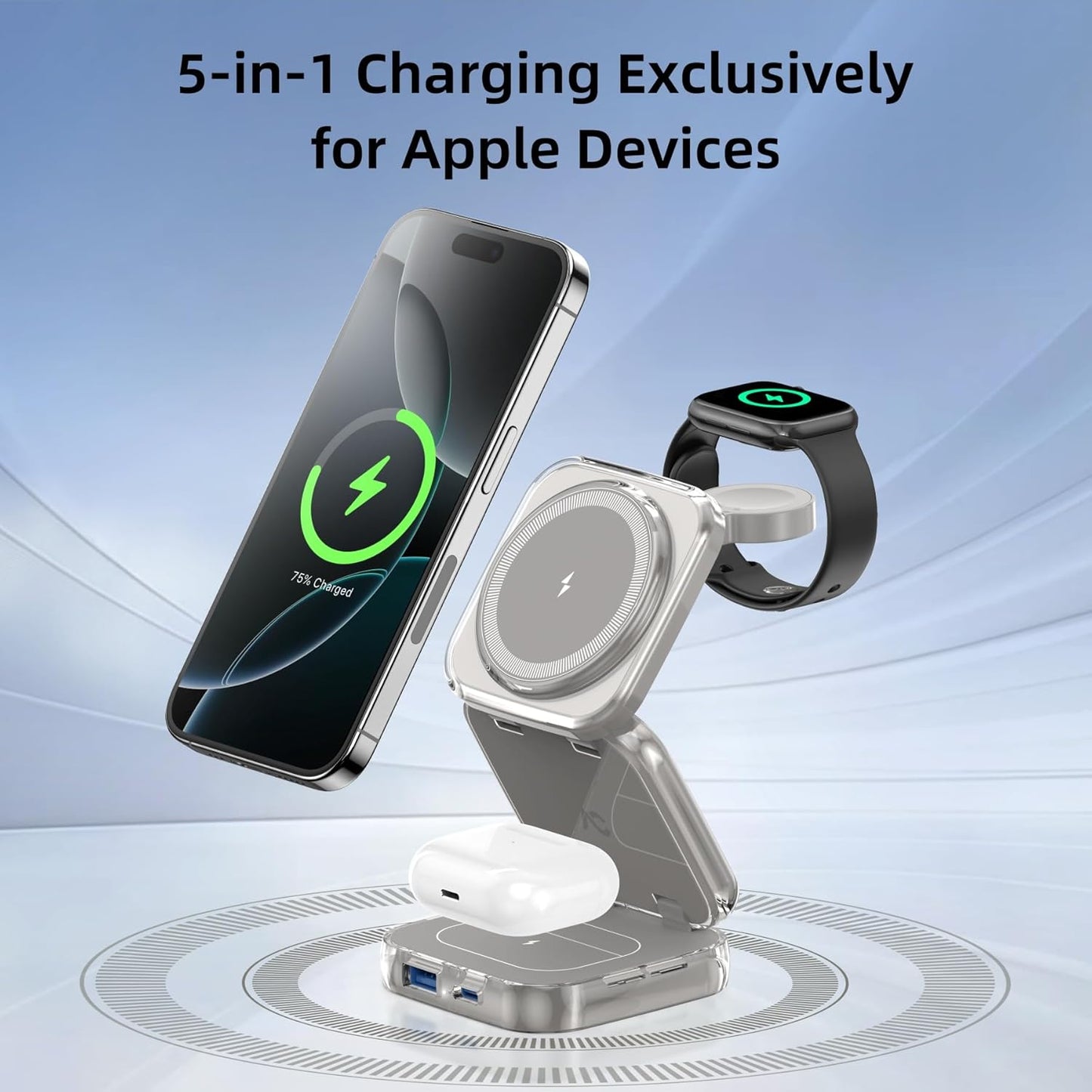 5-in-1 Wireless Charger for MagSafe, AC ISLAND Portable Travel Charging Station, 15W Max Fast Foldable Magnetic Stand, Evolved for iPhone 16/15/14/13 Series, Apple Watch, AirPods (with 35W Adapter)