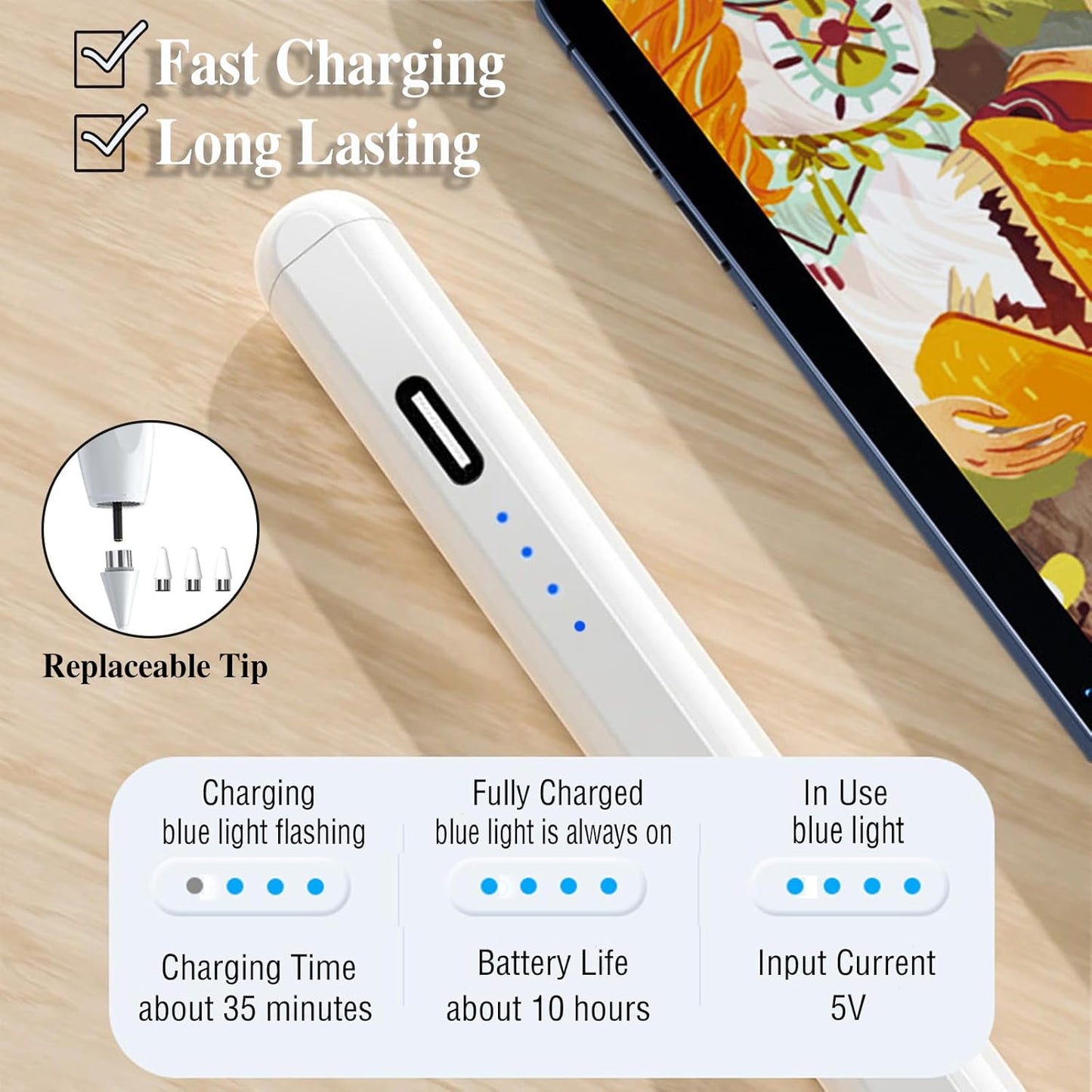 Stylus Pens for Touch Screens POM Tip Magnetic iPad Pencil Rechargeable Tablet Pencil Active Stylus Pen for iPad/Pro/Air/Mini/iPhone and Other Smartphone Devices