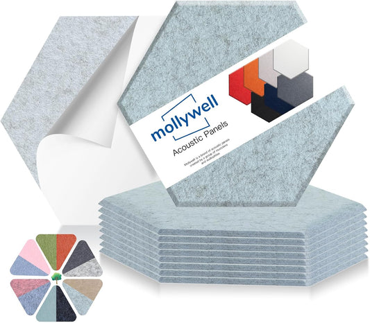 Mollywell Hexagon Acoustic Panels, High Density, Soundproofing, Decorative Noise Reduction Felt Wall Tiles for Ceilings, Home Office & Gaming Room (Smoky Blue), 14x12x0.4 Inch
