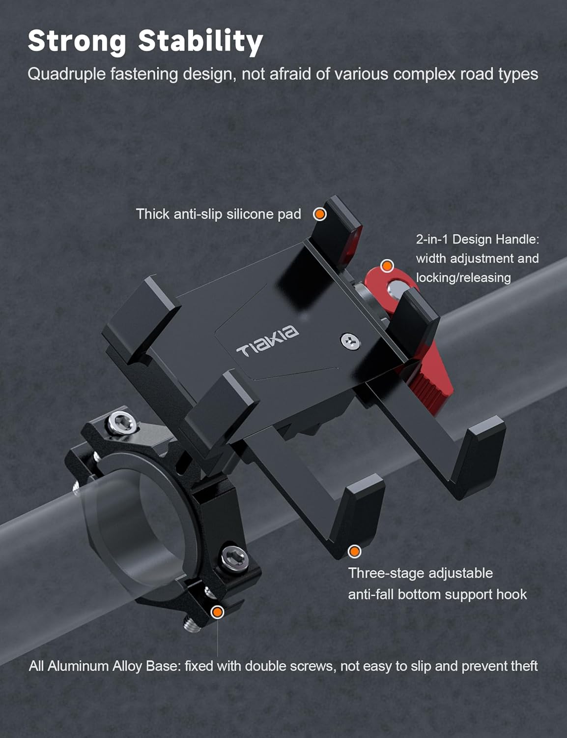 Tiakia Aluminum Bike Phone Mount Holder, [2024 Upgrade] Motorcycle Phone Mount, [1s Lock] Handlebar Mounted Cell Phone Holder, 360° Rotation, Universal Bicycle Phone Mount for 4.5-7 Inch Phones