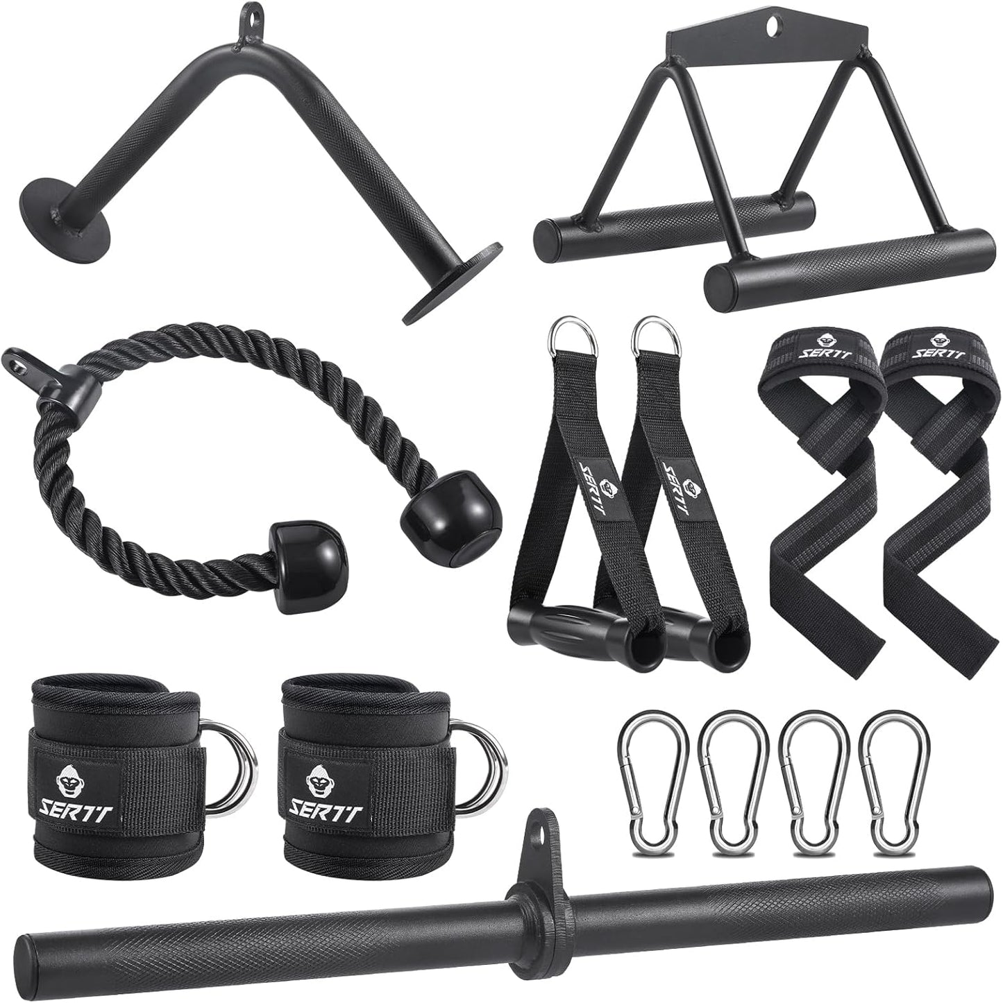 SERTT Workout Cable Machine Attachment for Home Gym, LAT Pulldown Attachments, Cable Accessories for Weight Training, Straight Pull Down Bar, Tricep Rope, Double D Row Handle, V-Shaped Bar