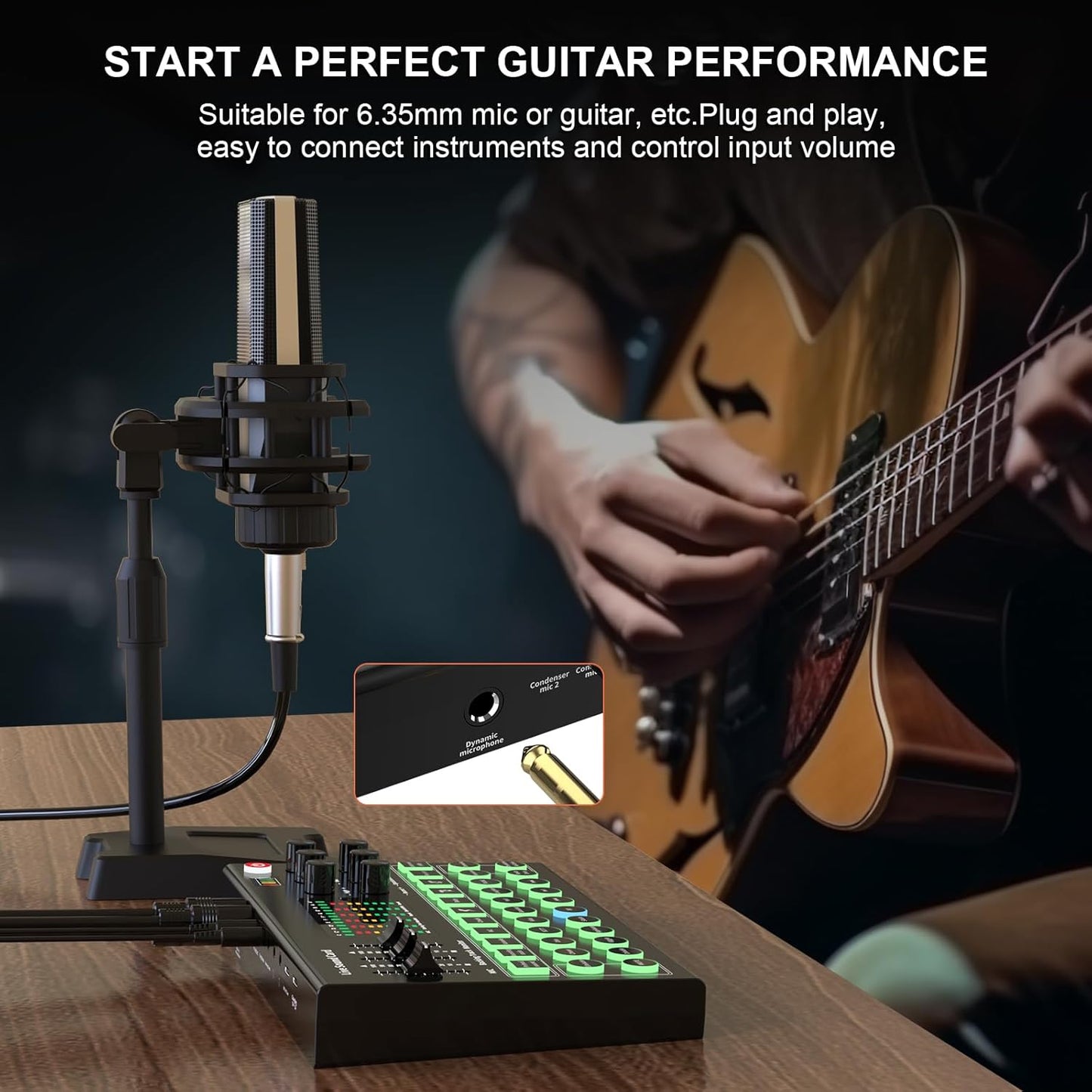 RHM Podcast Equipment Bundle, All-in-One Audio Interface DJ Mixer with Microphone, Stand, Monitor Earphone, Audio Mixer With Sound card for PC/Laptop/Phone, Streaming/Podcasting/Gaming (M9 Set)