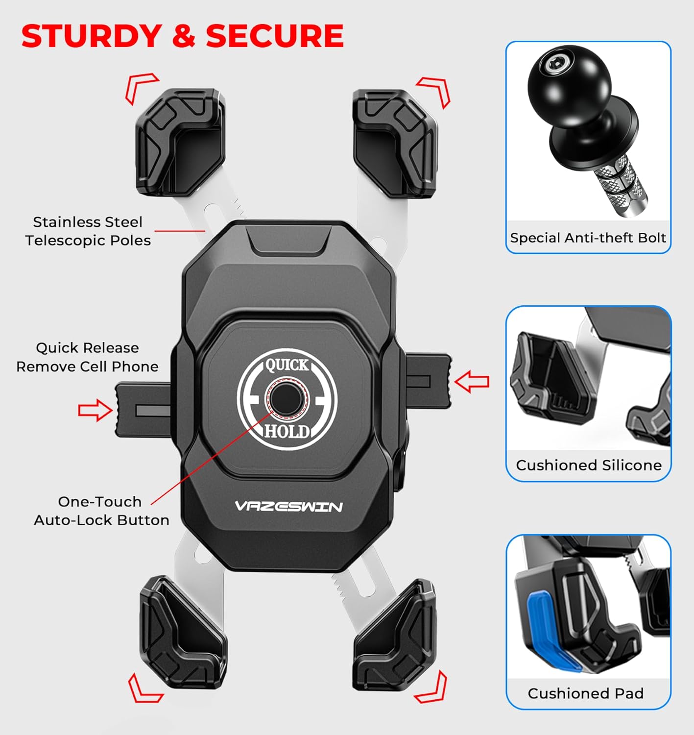 Motorcycle Fork Stem Phone Mount with Vibration Dampener, Motorcycle Cell Phone Holder with Aluminum Alloy Anti-Theft Short Arm, Fit 12mm to 25.4mm Diameter Stem Tubes, for 5.5"-7.2" Phones
