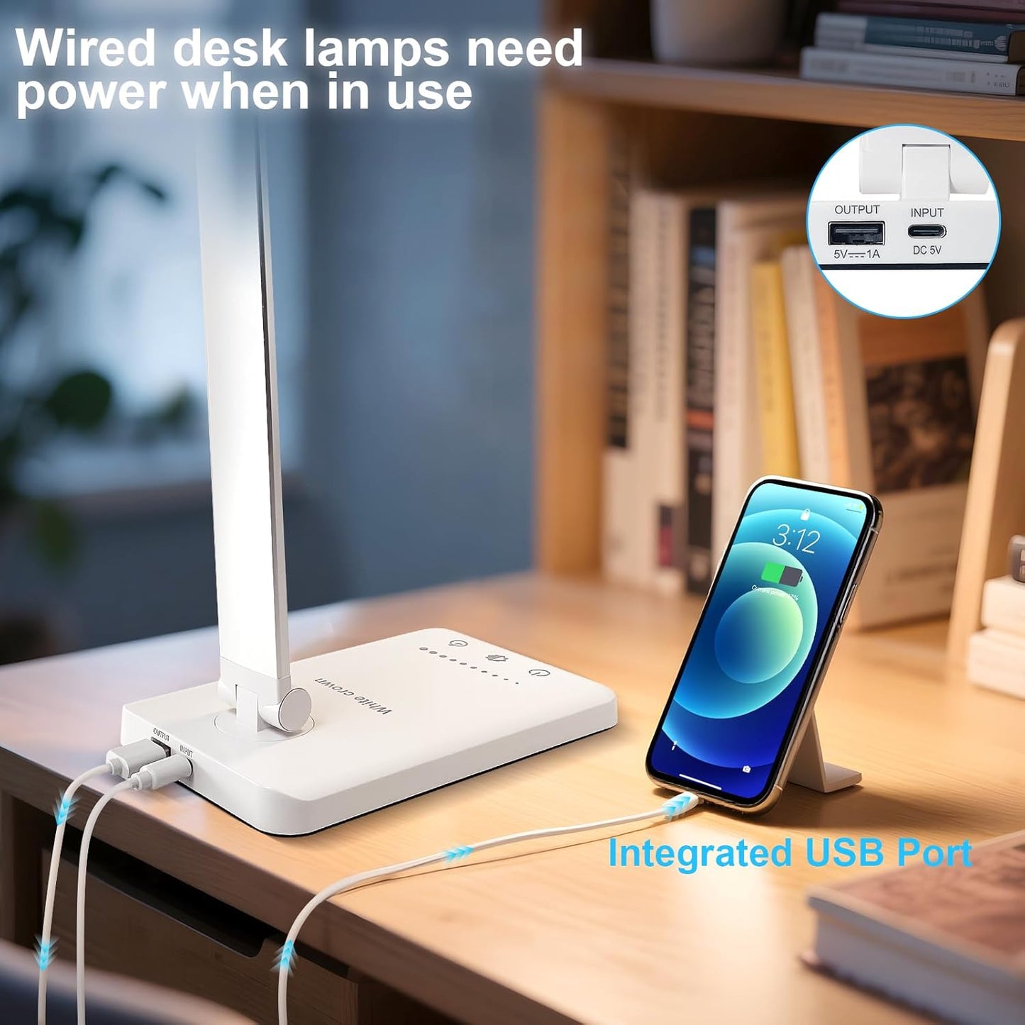White crown LED Desk Lamp Dimmable Table Lamp Reading Lamp with USB Charging Port, 5 Lighting Modes, Sensitive Control, 30/60 Minutes Timer (White, First-Generation)