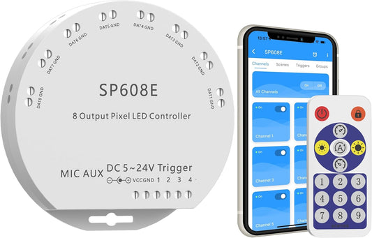 PAUTIX SP608E Built-in Mic/AUX Music Bluetooth SPI Controller with 8 Signal Outputs for LED Module Pixel Strip String Light Andriod iOS APP/Remote/Trigger Control,Work with RGB Smart IC COB LED Strips