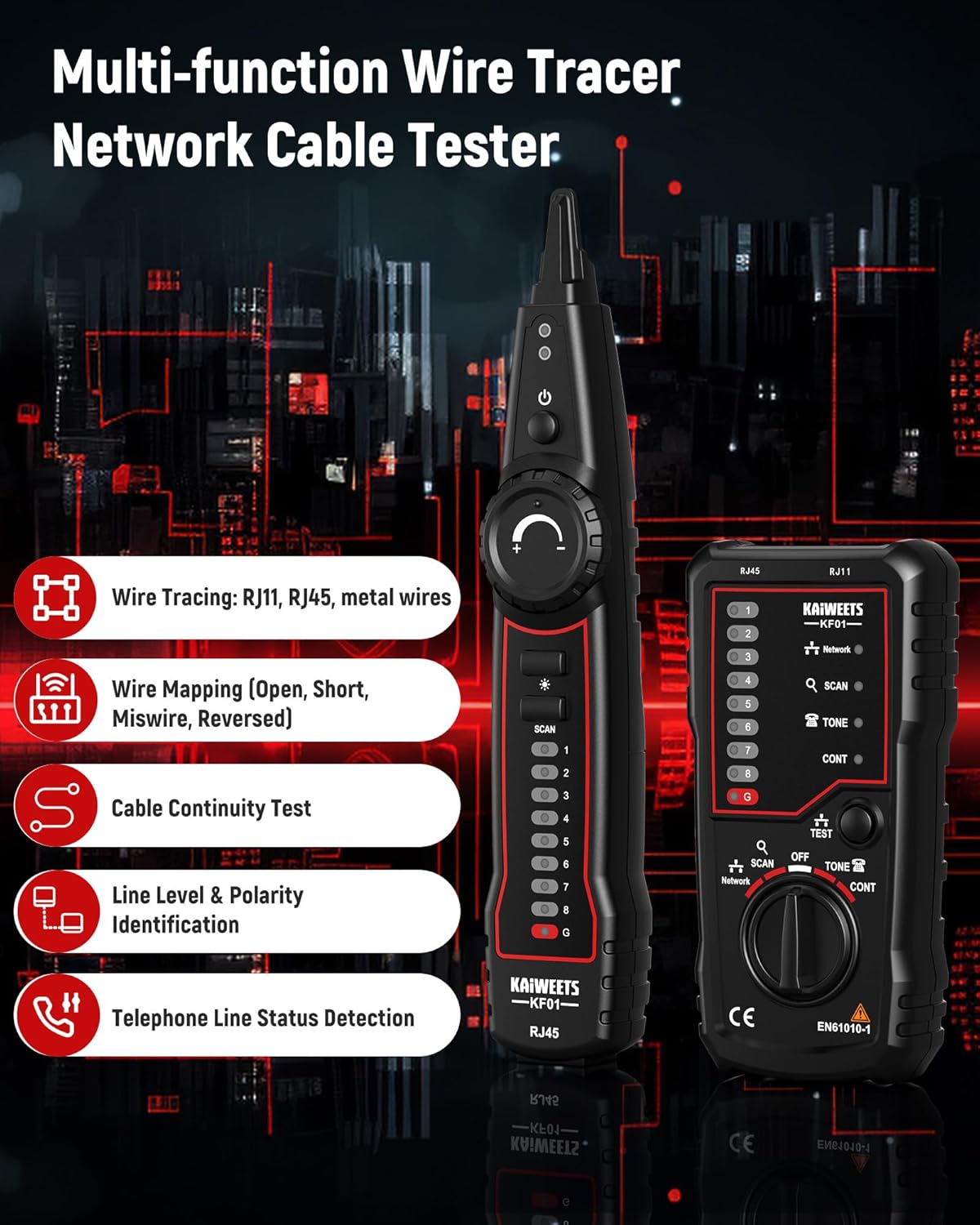 KAIWEETS Network Cable Tester, RJ45 RJ11 Wire Tracer Line Finder, Tone Generator and Probe Kit, Cable Tracer Ethernet LAN Network Cat5 Cat6 for Cable Collation, Telephone Line Test