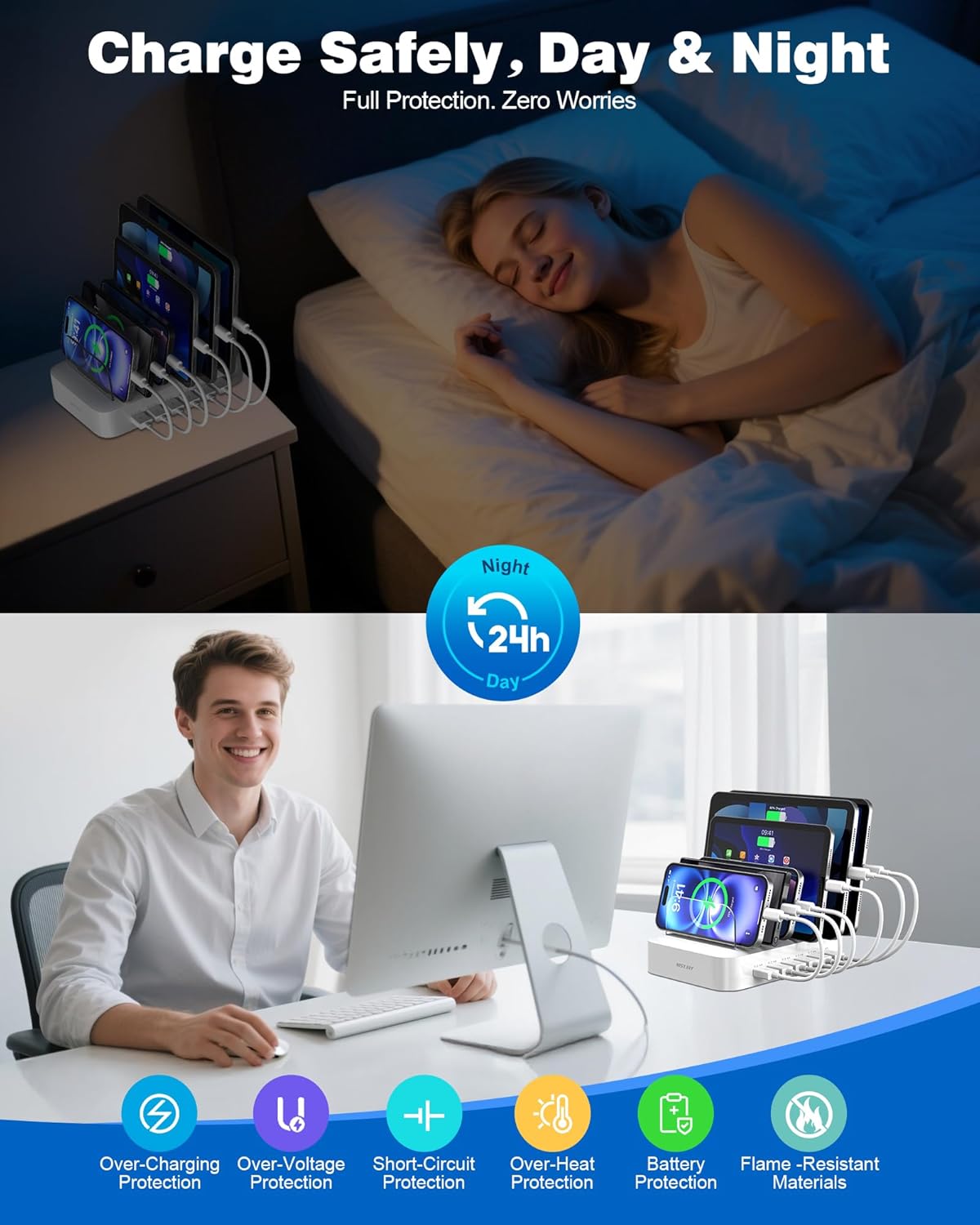 MSTJRY Charging Station for Multiple Devices : 6 Port USB Charger Stations - Family Multi-Device Organizer Charging Dock - Designed for iPhone iPad Android Cell Phone Tablet and Electronic, White