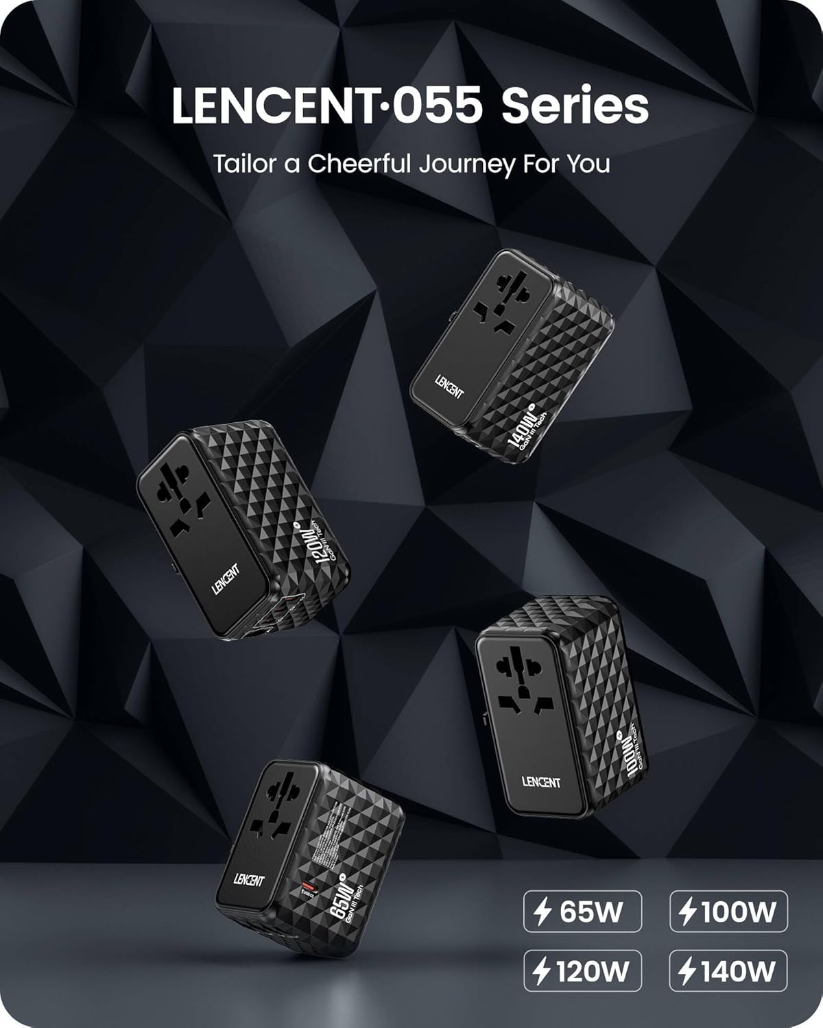 LENCENT 65W GaN International Travel Adapter with 2 USB-A & 3 Type C Ports, Fast Charger for Phones & Laptops, Worldwide Plug Adapter for USA/UK/EU/AUS, Black