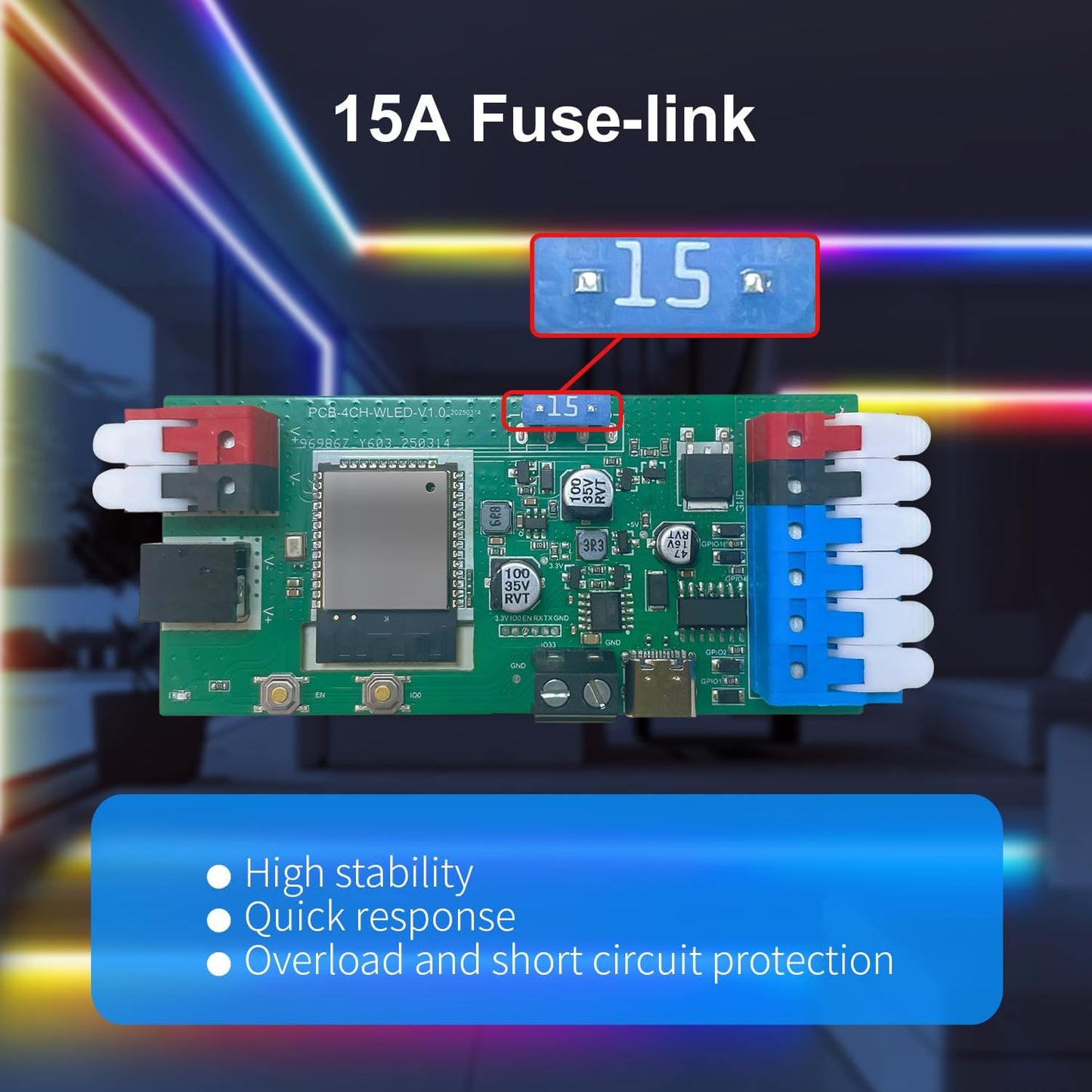 ESP32 WLED LED Strip Controller 4 Channel Outputs 15A Fuse Link TI Level Shifter UART Download DIY Dynamic Lighting Mode APP Control for Digital RGB IC WS2811 WS2812 WS2815 SK6812 etc