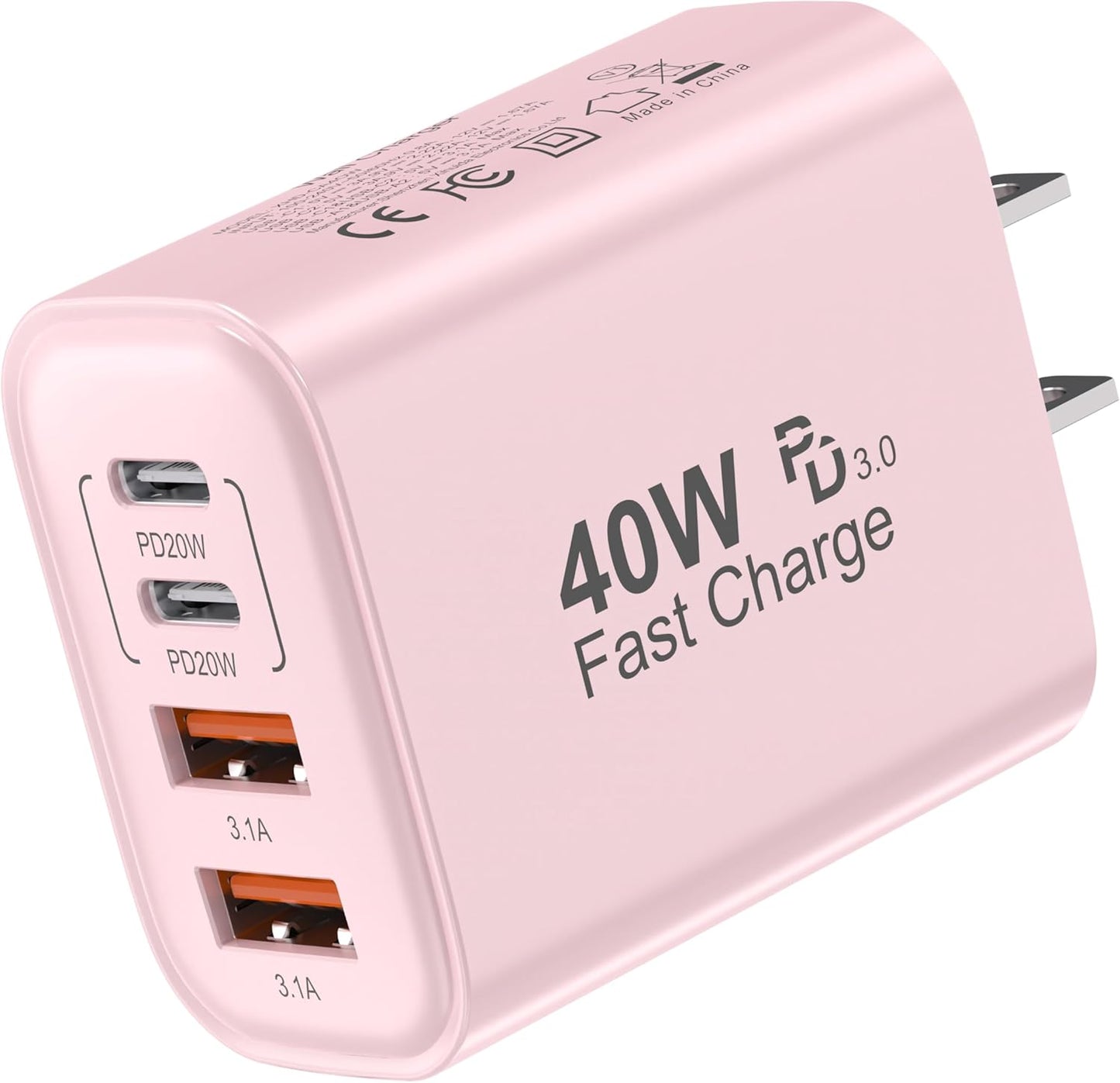USB C Block 40W, 4 Ports Wall Plug Fast Charging Block, PD+QC Multiport Power Adapter USB C Charger Type C for iPhone 16,15,14,13,12,11, Pro Max, X, Xr, Xs, 8, 7, Watch, Galaxy Phones (Pink 1Pack)