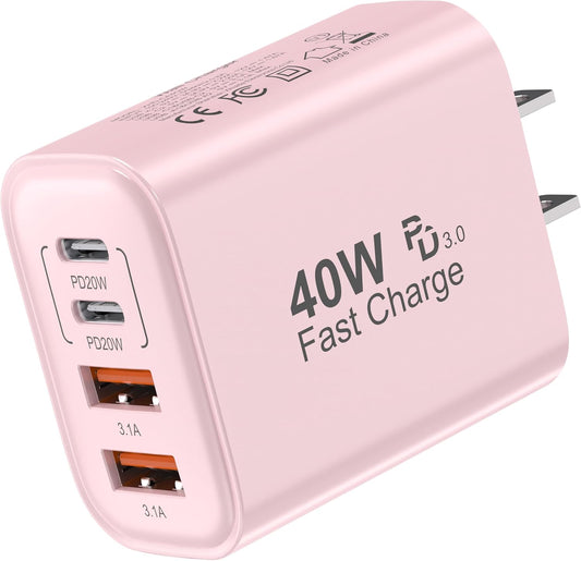 USB C Block 40W, 4 Ports Wall Plug Fast Charging Block, PD+QC Multiport Power Adapter USB C Charger Type C for iPhone 16,15,14,13,12,11, Pro Max, X, Xr, Xs, 8, 7, Watch, Galaxy Phones (Pink 1Pack)