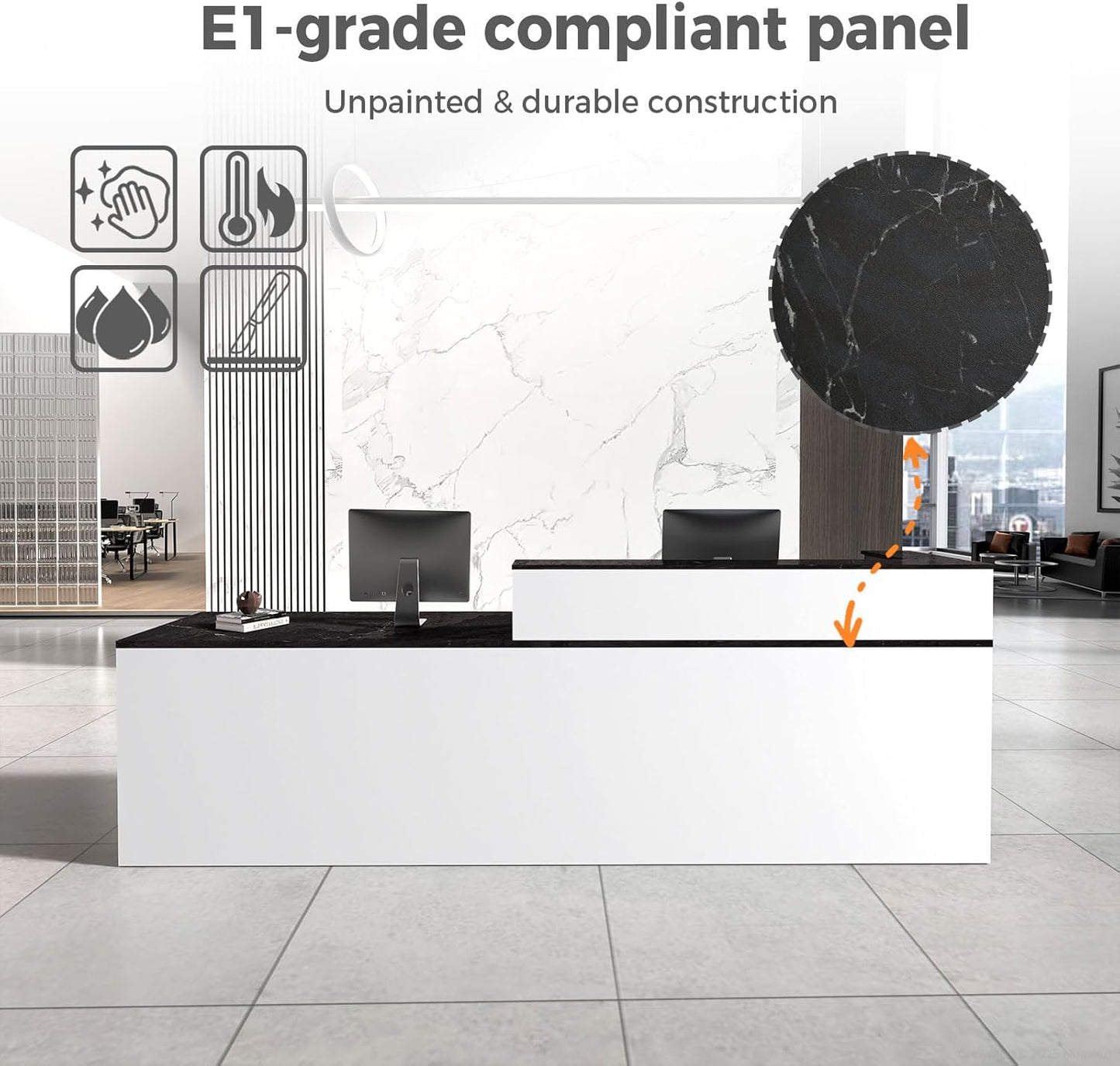 Reception Desk with Counter, Modern Front Desk Reception Counter with Keyboard Tray, Lockable Drawer and Storage Shelves for Office, Retail, Salon (White+Black/Left, 71" L*24" W*39" H)