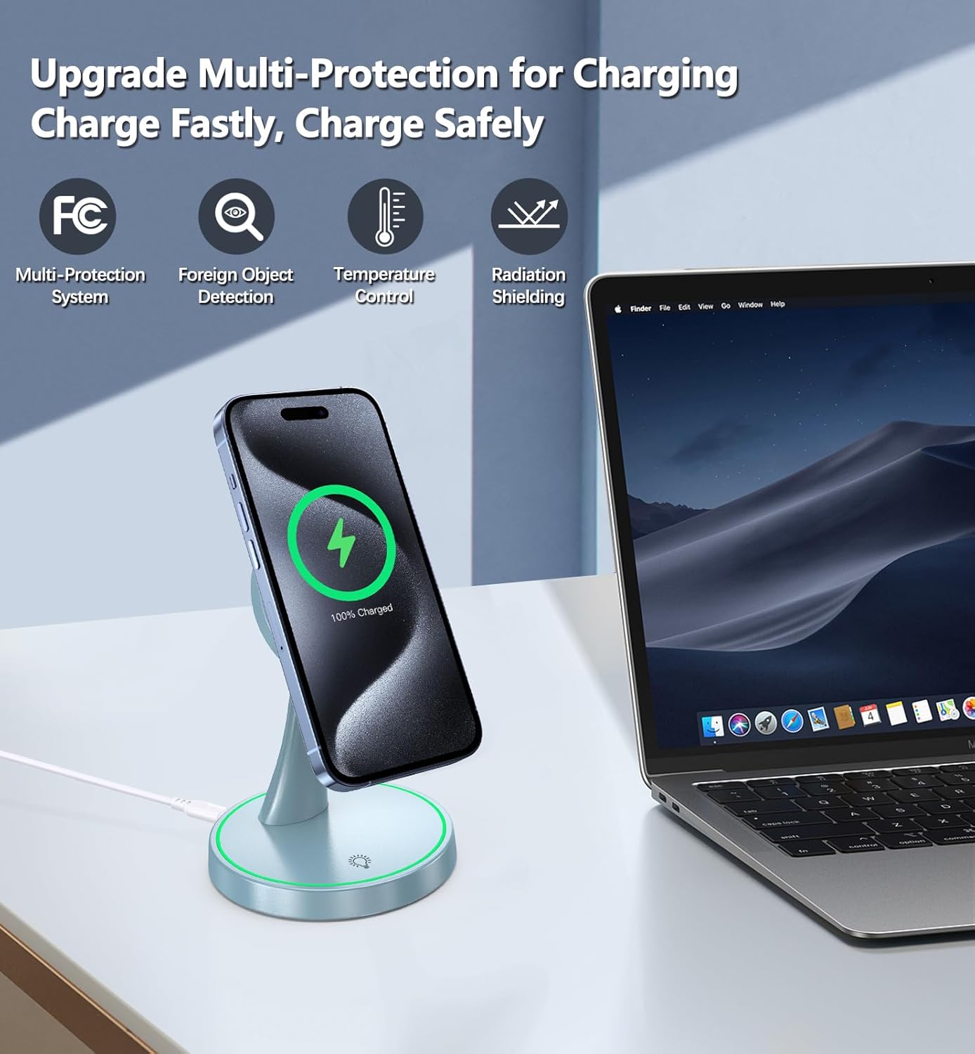 Magnetic Wireless Charger Stand 15W Fast Mag-Safe Charger for iPhone 16/16 Pro/16 Plus/16 Pro Max/15/14/13/12 Series Magnet Wireless Charging Station/Pad with Sleep-Friendly Light for AirPods