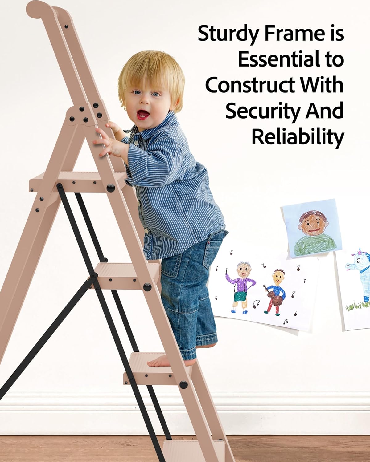 Taranta 4 Step Ladder, Lightweight Aluminum Step Stool with Convenient Handgrip, Folding Ladder with Anti-Slip Pedals, 330lbs Capacity Stepladder for Home, Office, Kitchen - Peach Pink