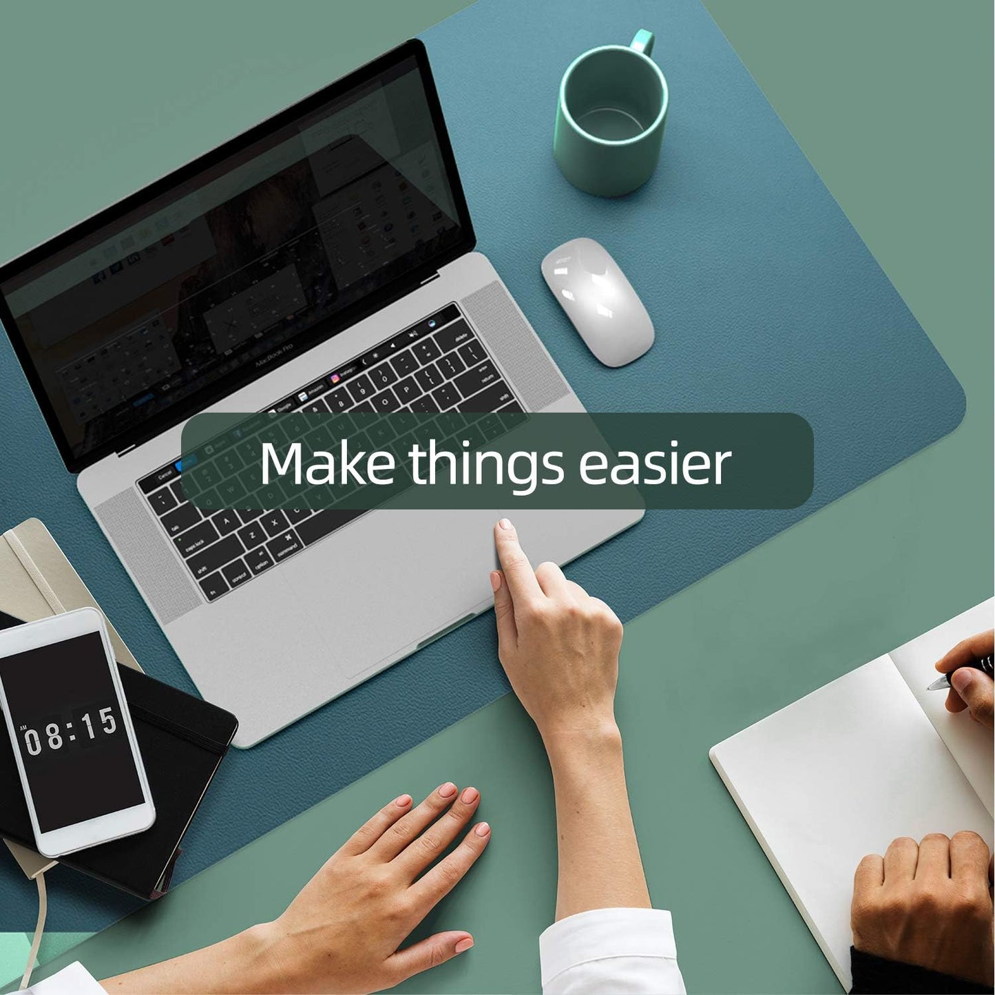 YSAGi Desk Pad, Desk Mat, 31.5" x 15.7" Dual-Sided Laptop Desk Pad Protector, Large Leather Desk Blotter for Keyboard and Mouse, Waterproof Desk Writing Pad for Office(Pistachio Green + Green Blue)