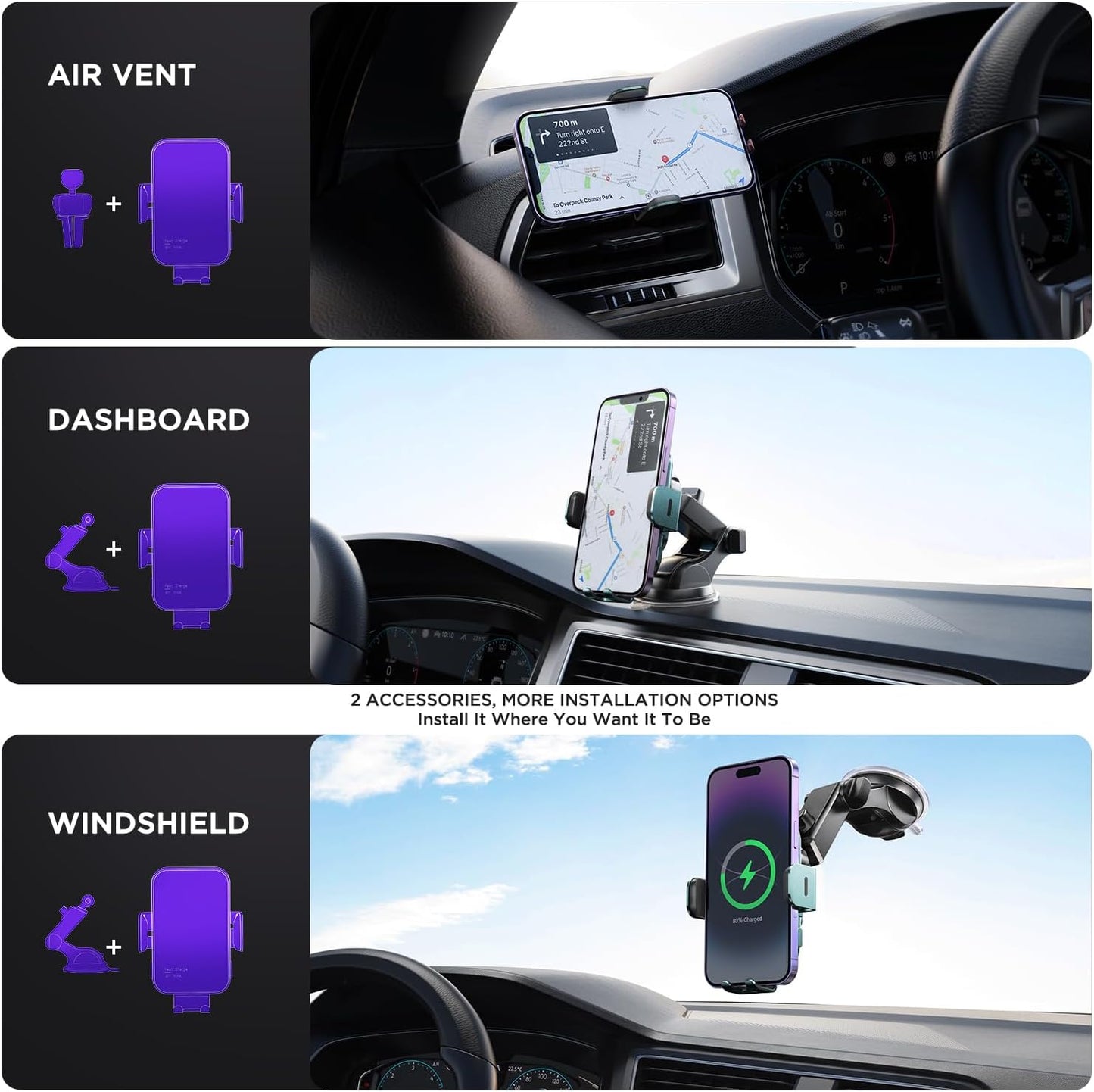 Wireless Car Charger,【7 Colored LED Backlit】 15W Auto Clamping Phone Mount Holder fit for iPhone 15 14 13 12 Mini Pro Max 11 XR XS X, Samsung Galaxy S23 Ultra S22 S21+ S10+ Note 20, etc - Green