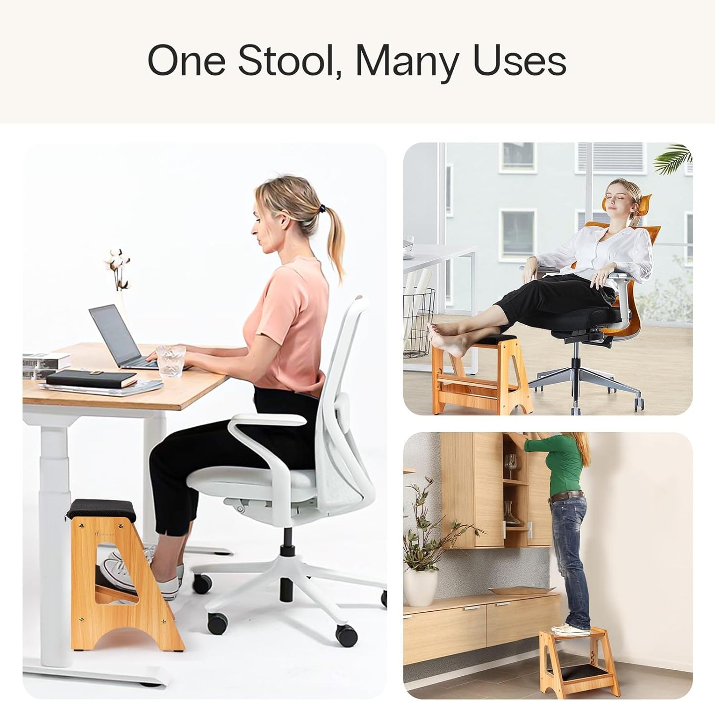 StrongTek Double Step Footrest, Adjustable Wooden Foot Stool with 3 Height Levels, Cushioned Top & Non-Slip Base, Ergonomic Under Desk Leg Rest for Office Home