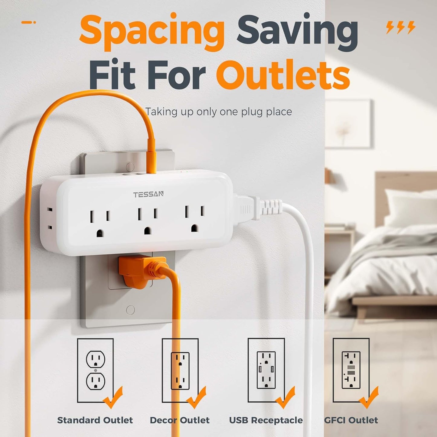 Multi Plug Outlet Splitter, TESSAN Multiple Plug Surge Protector, 5 Outlet Extender with 3 USB (1 USB C), 3-Way Wall Charger for Home Office Dorm Room Essentials