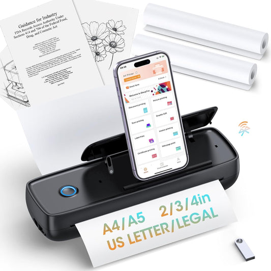 Portable Printer Wireless for Travel，Bluetooth Thermal Printer Support 8.5" X 11" US Letter &Legal, A4&A5 Thermal Paper, Inkless Compatible with iOS, Android & Laptop for Office Car Home