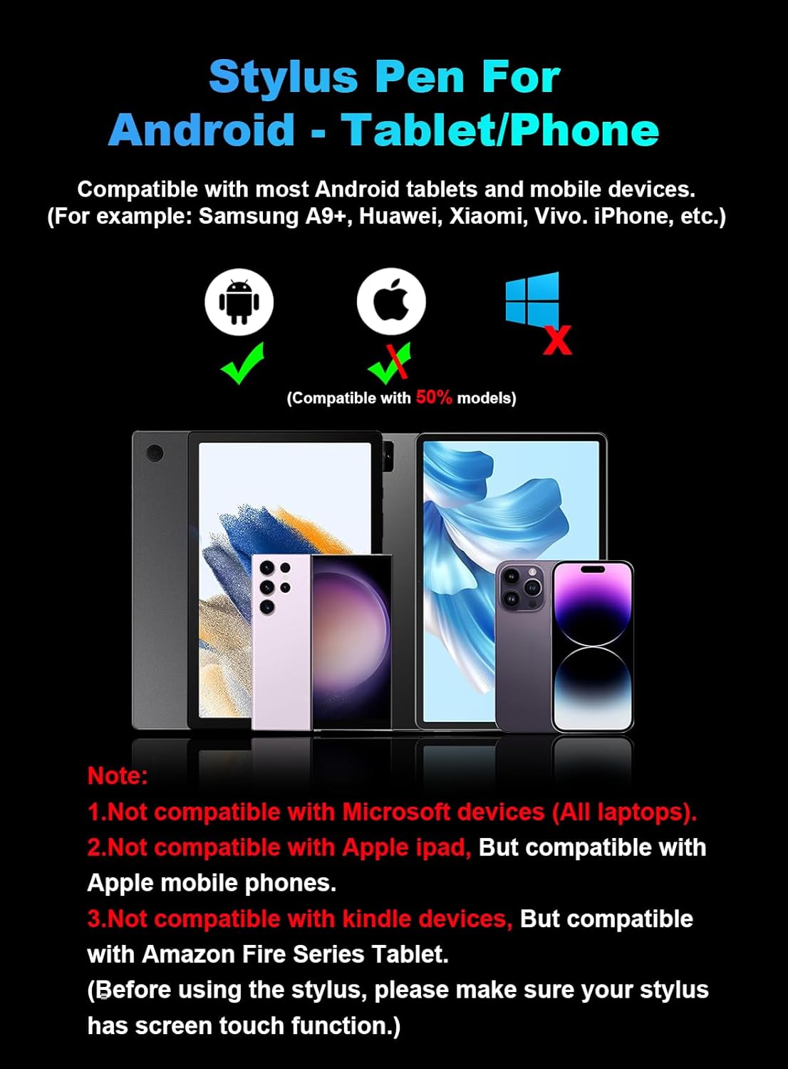 Stylus Pen for Android Tablet/Phone Pom Tips Fast Charge Stylus Pen for iPhone Magnetic Active Pencil Compatible with Samsung A9+, iPhone, Lenovo and Other Android Smartphone and Tablet Devices-Purple