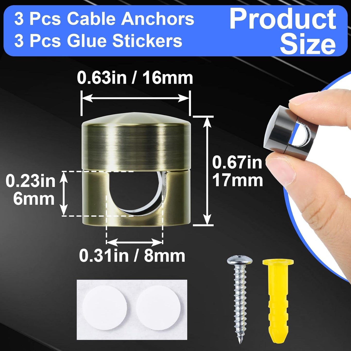 3 Sets Charger Holders for Cords, Adjustable Cable Anchor Holders, Adhesive Metal Cord Clips, Cable Management Wire Organizers for Desk, Office, Nightstand - Matte Black/Black/Antique Copper