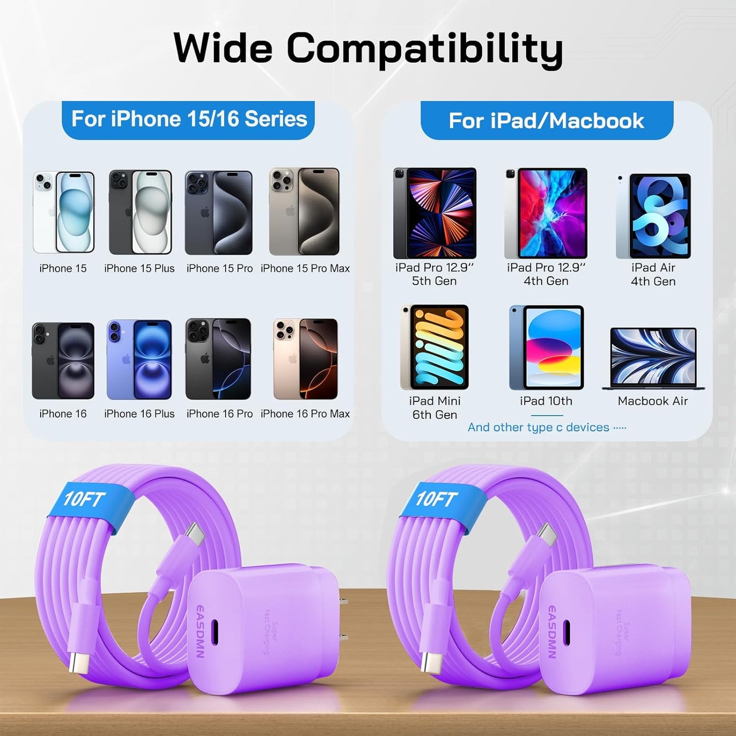 30W USB C i Phone 16 15 Charger Fast Charging, 2PACK Wall Charger for iPhone 16 15 Pro Max Charger Cord 10FT Fast Type C Charger Block for iPhone 16/16 Pro/15 Plus/15 Pro/15 Pro Max, iPad Pro, Purple