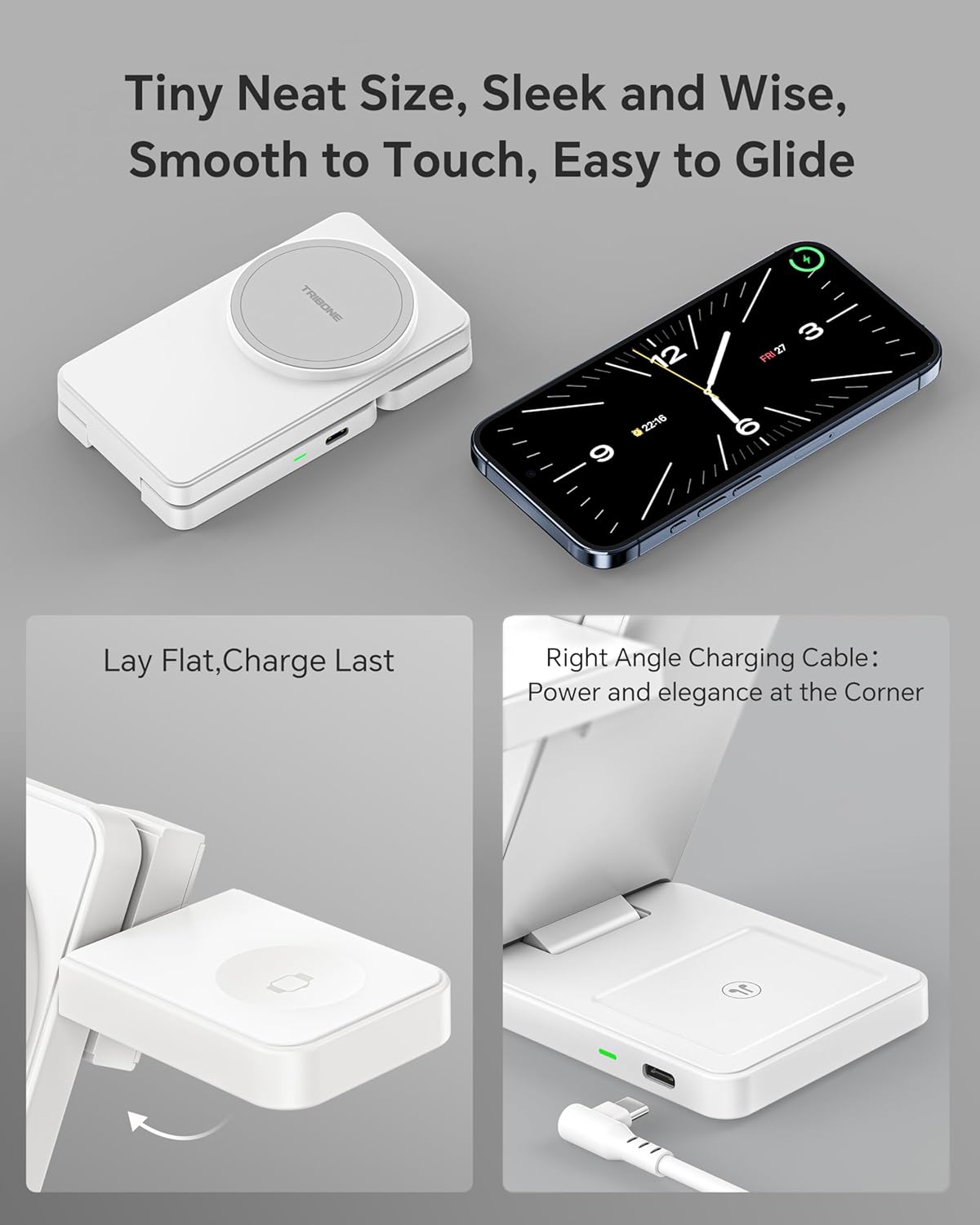 3 in 1 Charging Station for iPhone 16/15/14/13/12 Series, Wireless Charger for Apple Watch，Travel Magnetic Charging Stand for AirPods (White Grey)