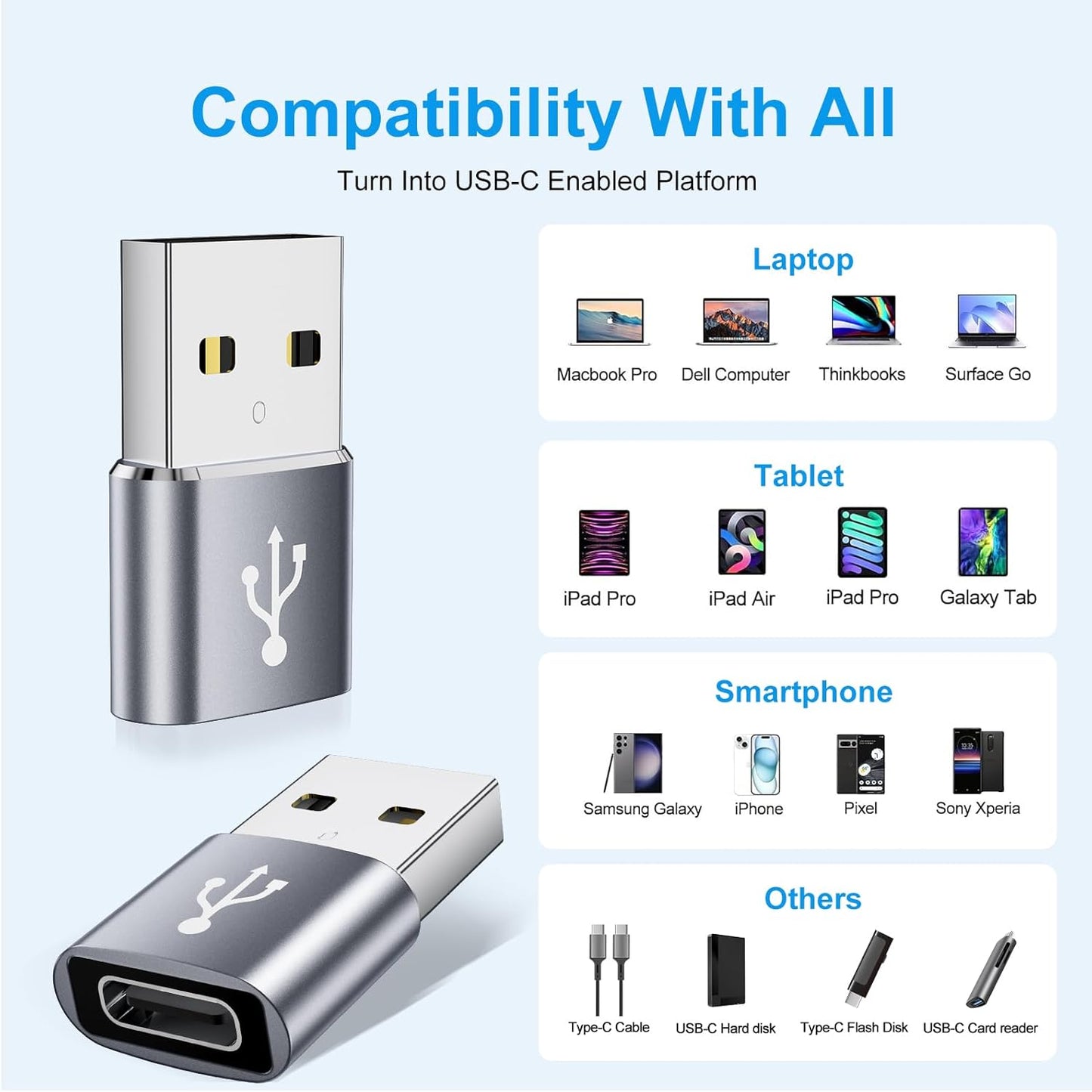 USB to USBC Adapter 8 Pack,USB A to C Adapter,USBC Female to USBA Male OTG Connector,C Cable Converter for iPhone,iWatch,Car Play,USB Charger,Grey