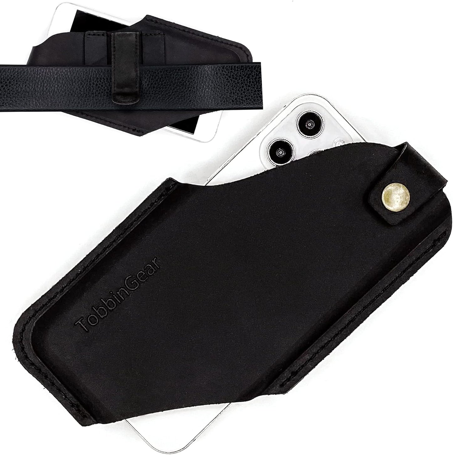 TobbinGear Leather Cell Phone Holster with Belt Clip, Universal Phone Holster for Men Belt Holder, Leather Case for iPhone, Samsung Galaxy Phones, Black, Large