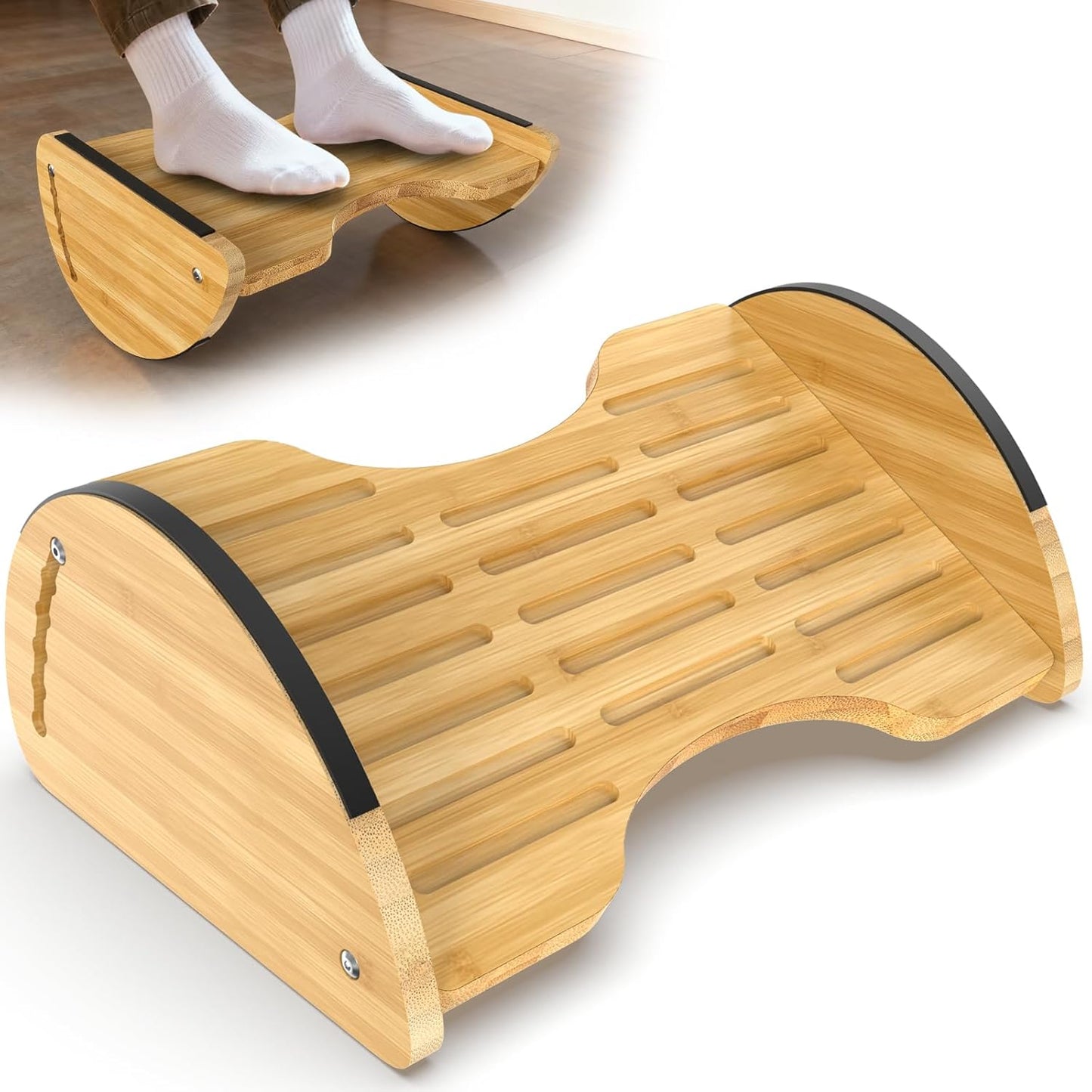 Bamboo Foot Rest for Under Desk at Work - Reversible Rocking Desk Footrest 2-in-1 with 6 Adjustable Heights, Ergonomic Foot Rest Under Desk with Anti-Slip Surface for Home, Office and Gaming
