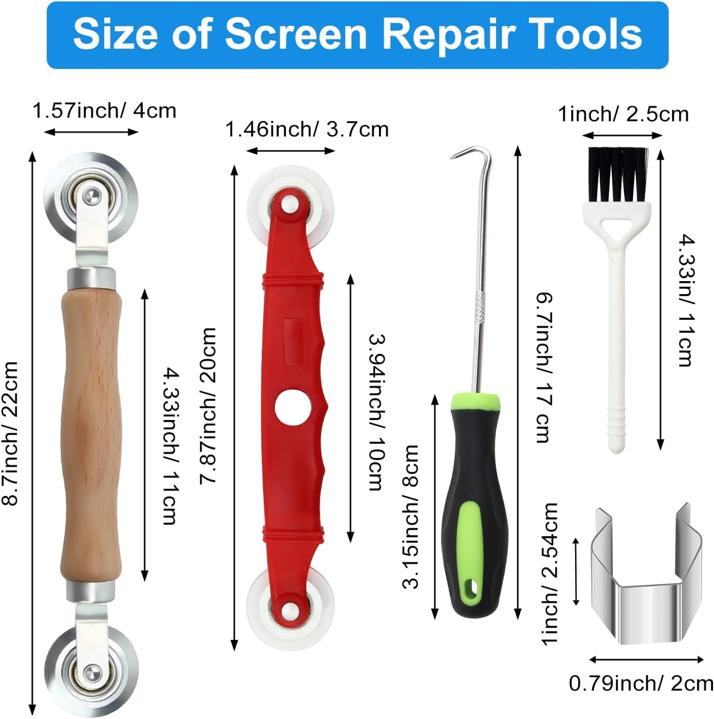 Window Screen Repair Kit Mesh Screen Spline Roller Repair Tools Kit with Screen Installer Clips, Metal and Plastic Spline Fixing Tool Kit for Window Screen