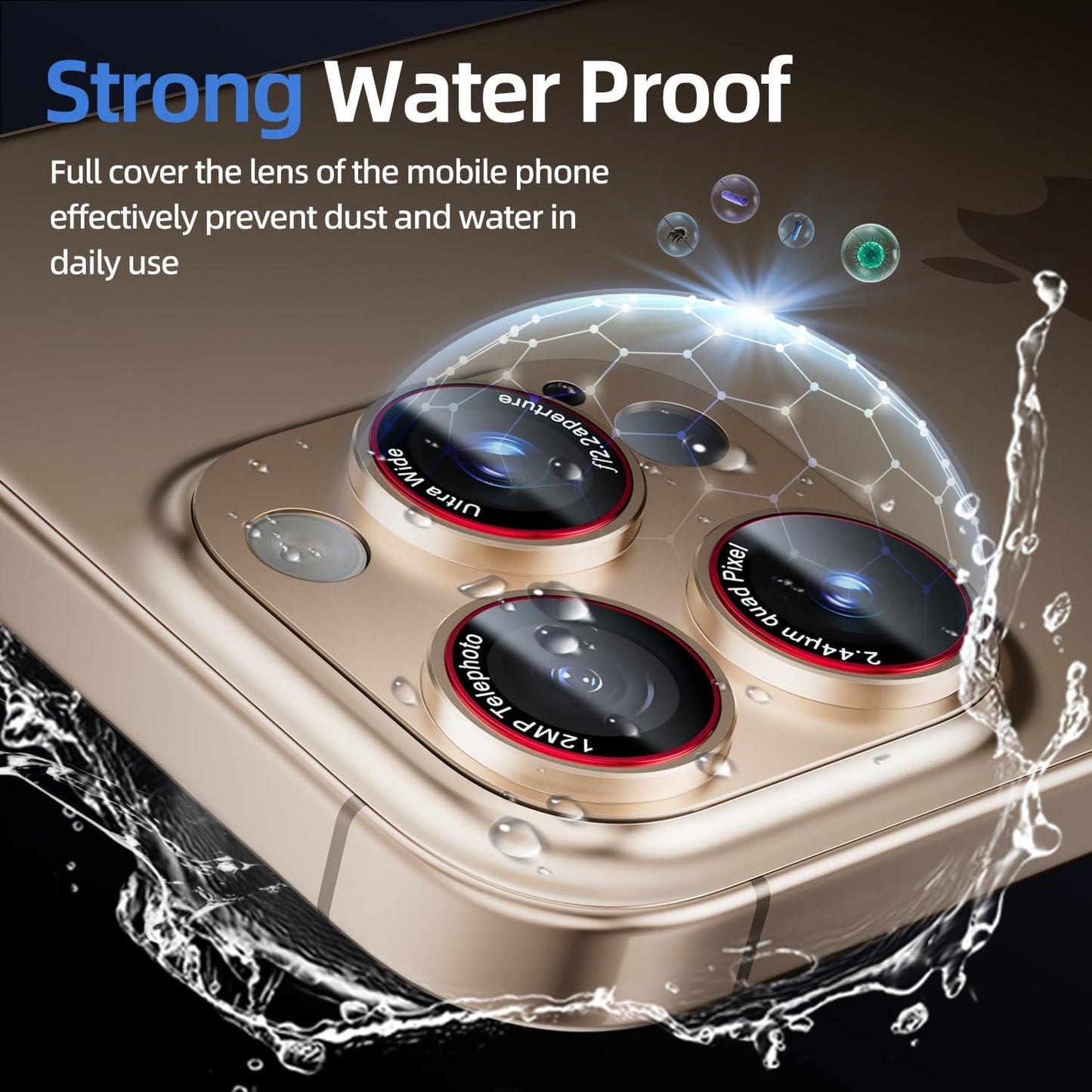 Camera Lens Protector for iPhone 16 Pro Max/iPhone 16 Pro/iPhone 15 Pro Max/iPhone 15 Pro/iPhone 14 Pro Max/14 Pro , [Military Grade Shatterproof][Full Coverage Metal] [Strong Adsorption] 9H Metal Tempered Glass Camera Screen Cover, [Case-Friendly], Gold