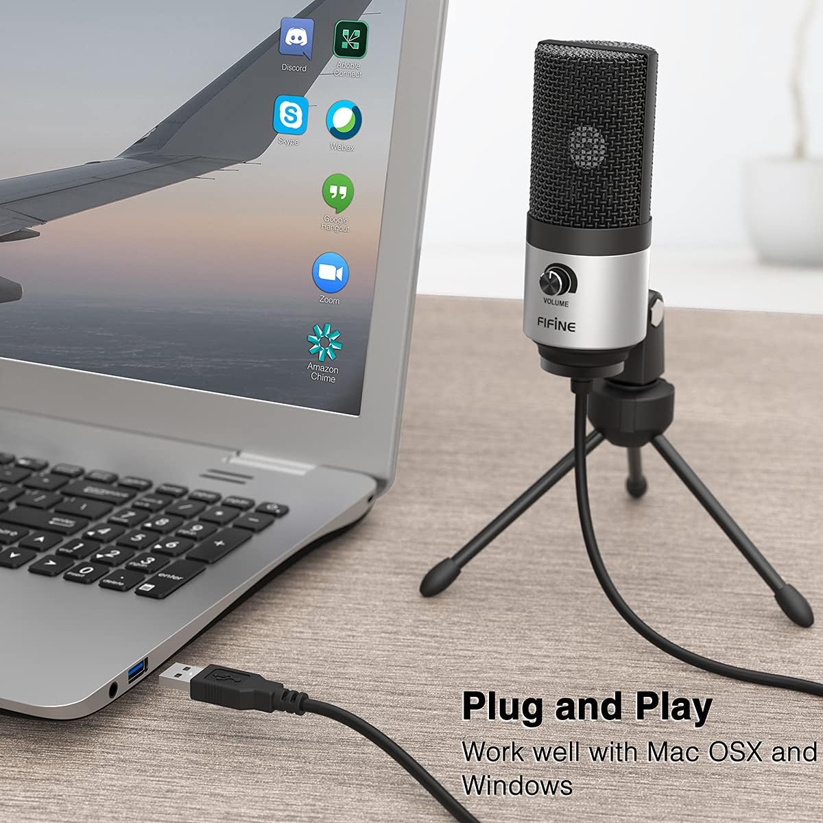 FIFINE USB Microphone for Zoom Video Meeting Online Class on PC Computer, Metal Condenser Desktop Mic with Gain Control for Windows and Mac, Silver - K669S