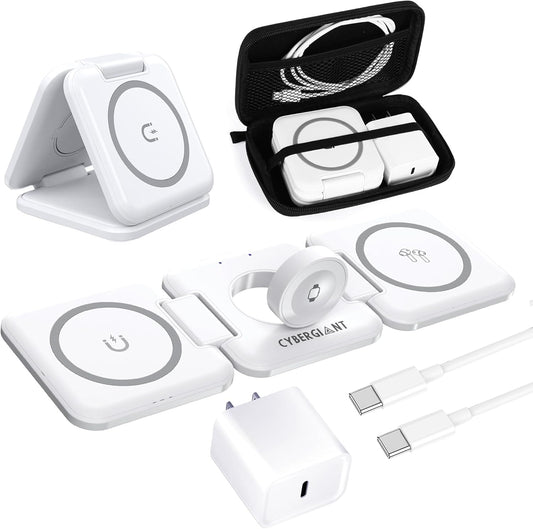 3 in 1 Apple Charging Station for iPhone Airpods iWatch - Travel Charger for Multiple Devices, Portable Foldable Charging Station - Magnetic iPhone Charger with Adaptor&Case (White)