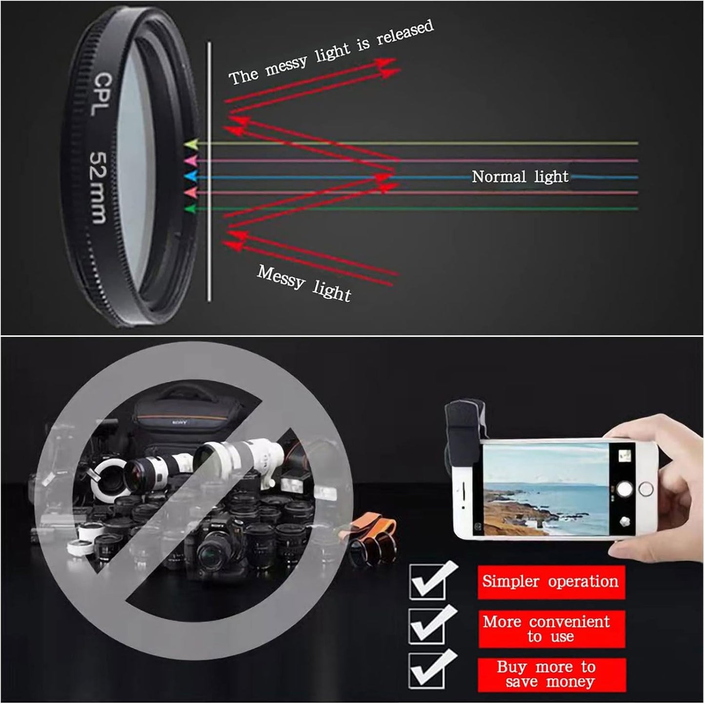 52mm CPL Phone Camera Lens, Universal Phone Camera Polarizer Filter Clip-On Mobile Polarizer Lens, Polarized Lens Compatible with Most Mobilephone Models