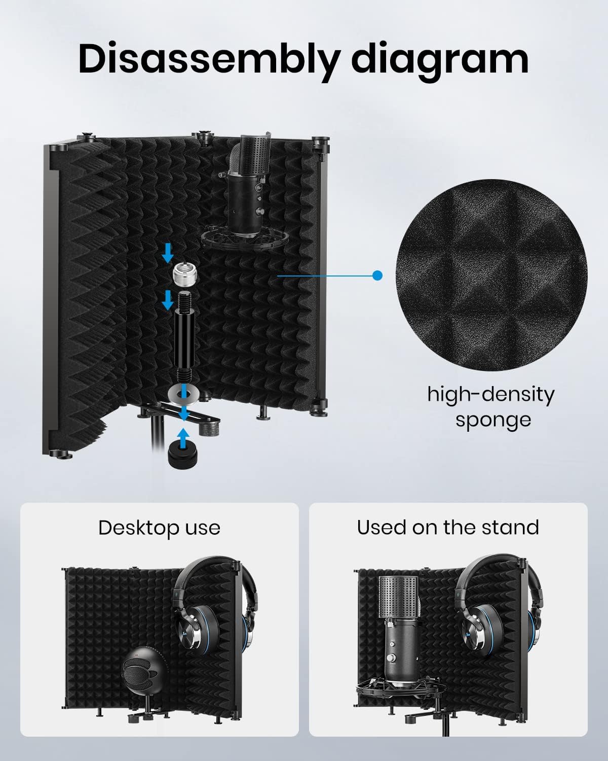 Moukey Microphone Isolation Shield, Foldable Mic Shield with Triple Sound Insulation, Reflection Filter with 3/8" and 5/8" Mic Threaded Mount for Recording Studio, Podcasts, Singing, and Broadcasting