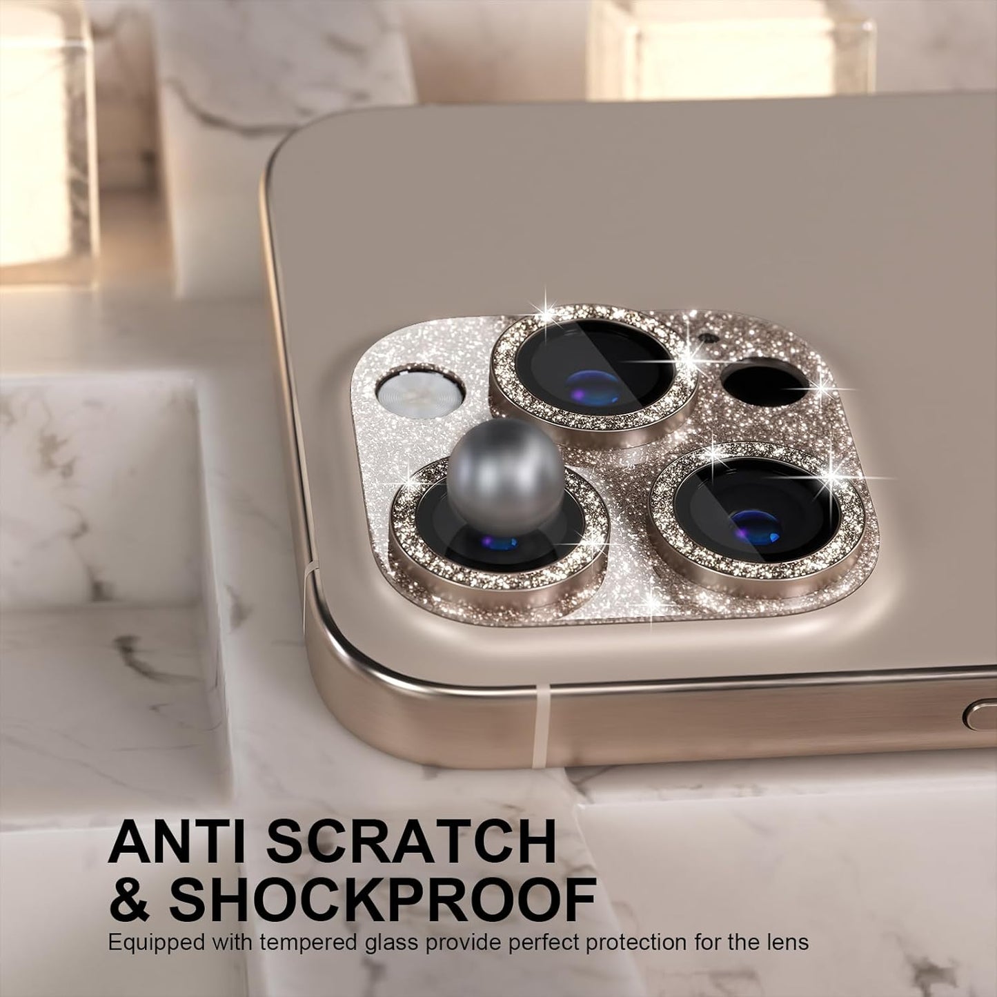 Choiche Compatible for iPhone 16 Pro/iPhone 16 Pro Max Camera Lens Protector, Bling Camera Cover with 9H Tempered Glass Lens Screen Protector Metal Ring Accessories (Glitter-Titanium Desert)