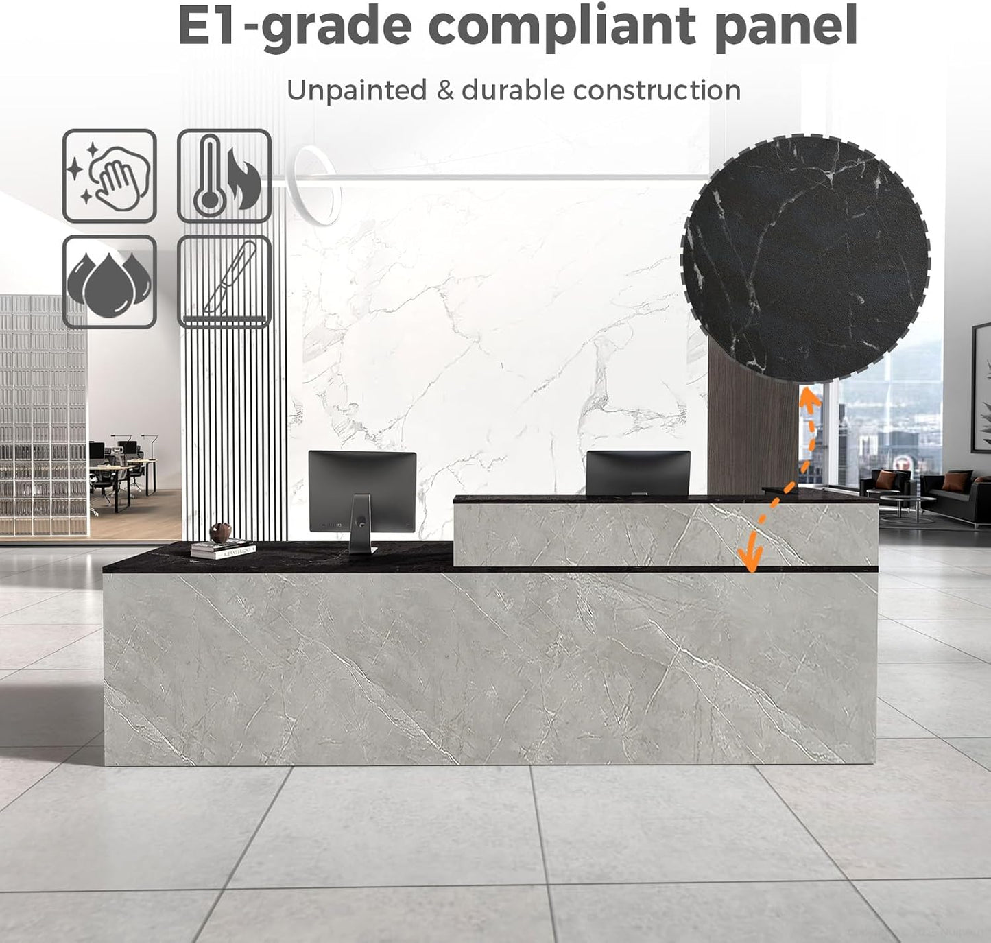 Reception Desk with Counter, Modern Front Desk Reception Counter with Keyboard Tray, Lockable Drawer and Storage Shelves for Office, Retail, Salon (Gray+Black/Left, 79" L*24" W*39" H)